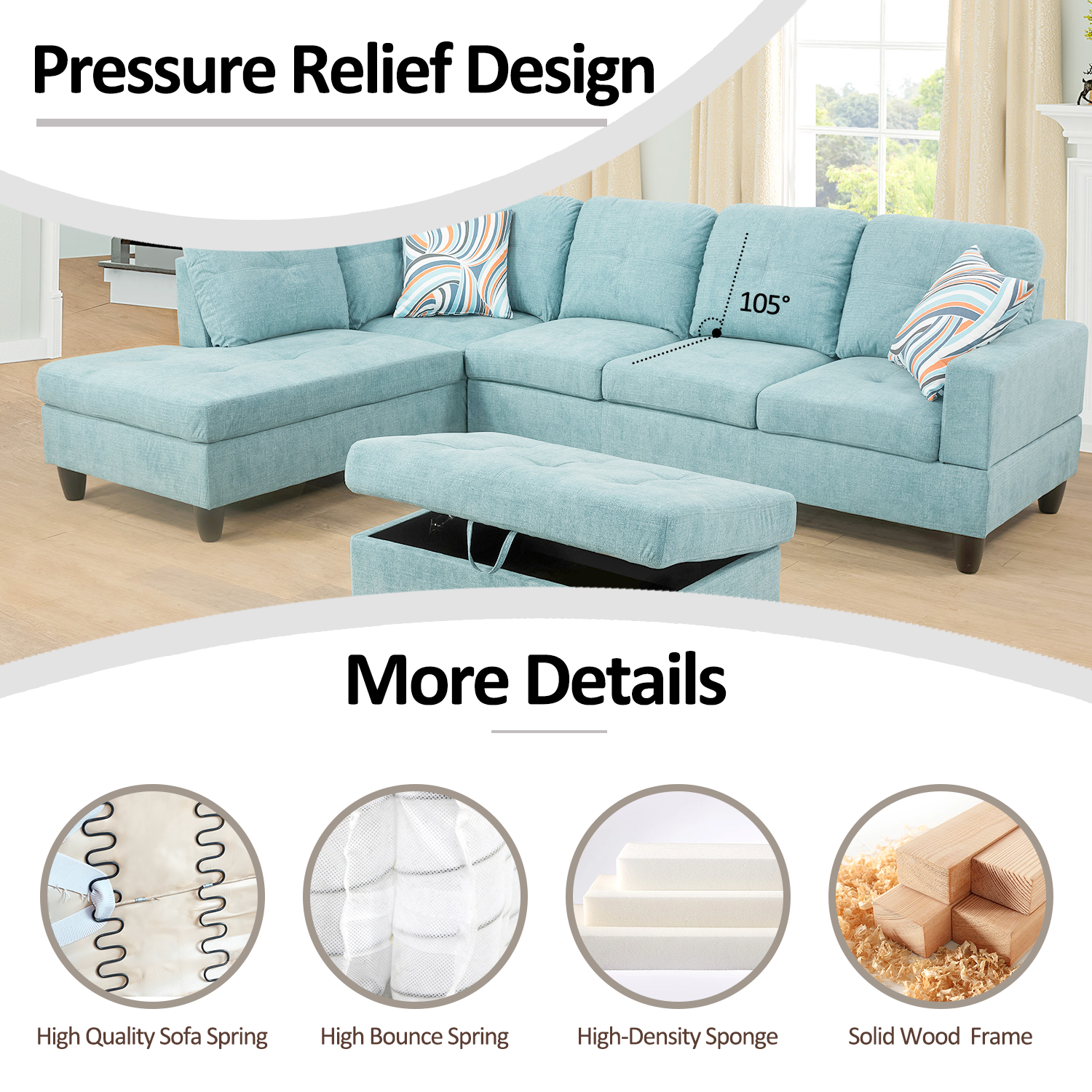 Ainehome Seafoam Green L-Shape Flannelette Fabric Combination Sofa Set