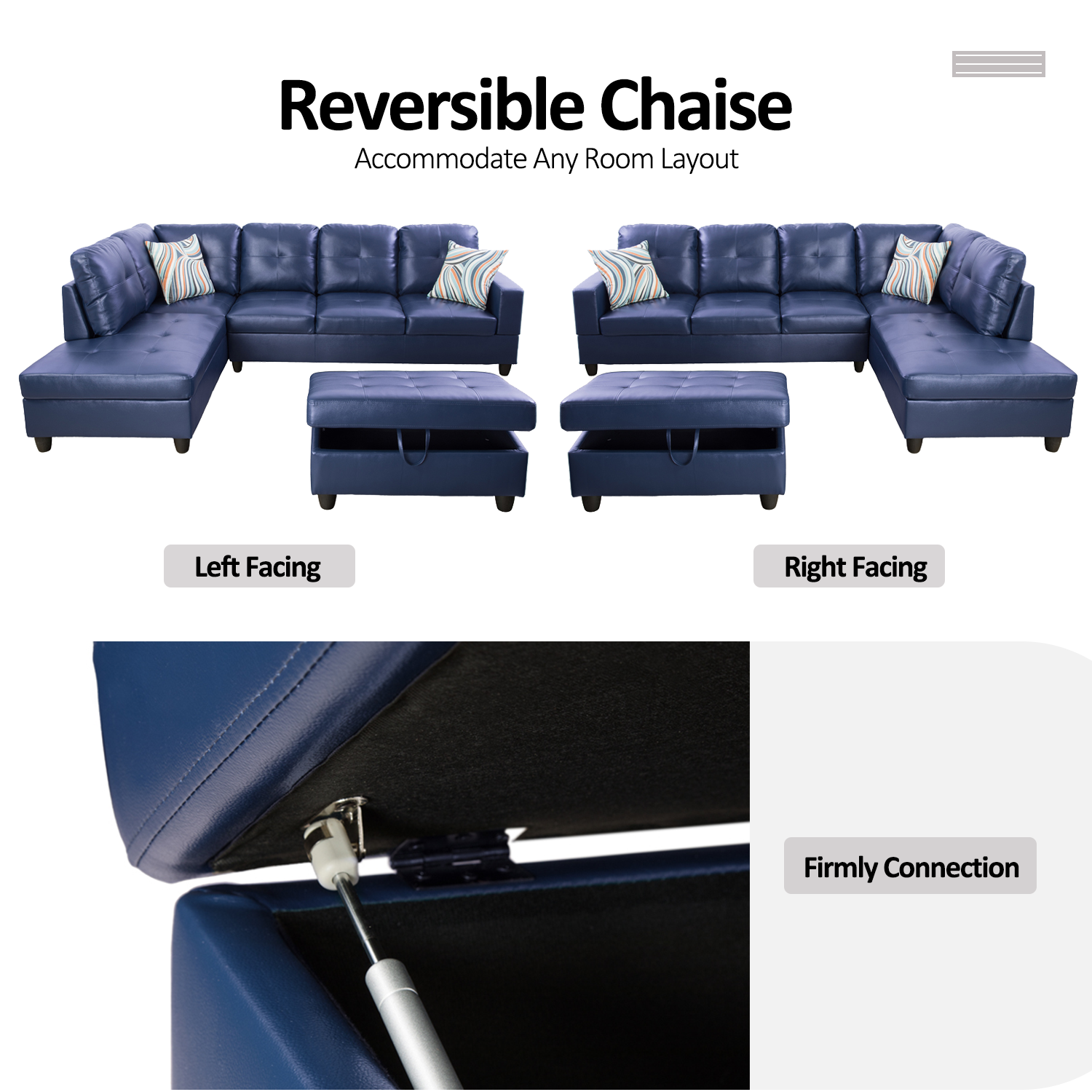 Ainehome Blue Synthetic Leather L-Shaped Living Room Sectional Sofa Set