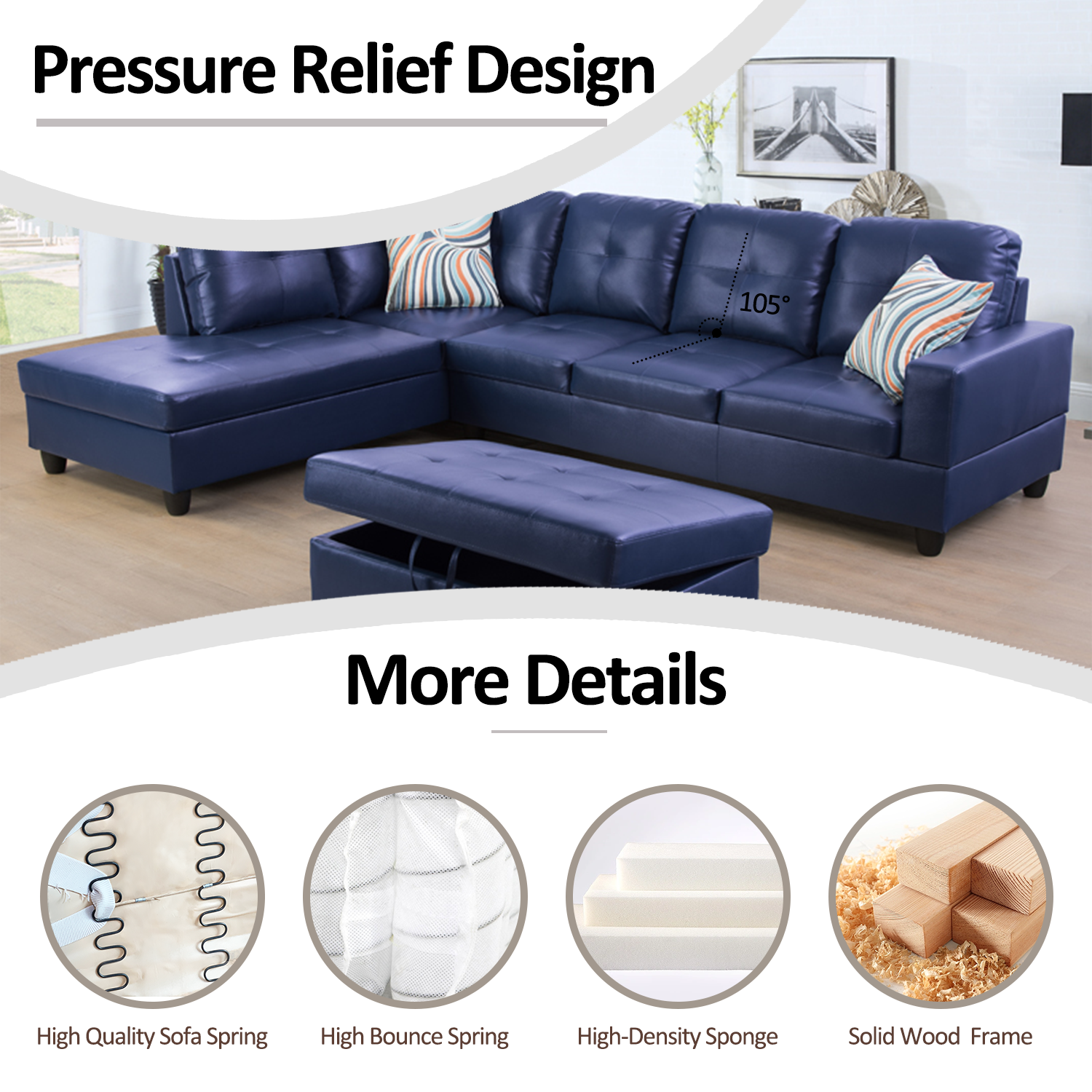 Ainehome Blue Synthetic Leather L-Shaped Living Room Sectional Sofa Set