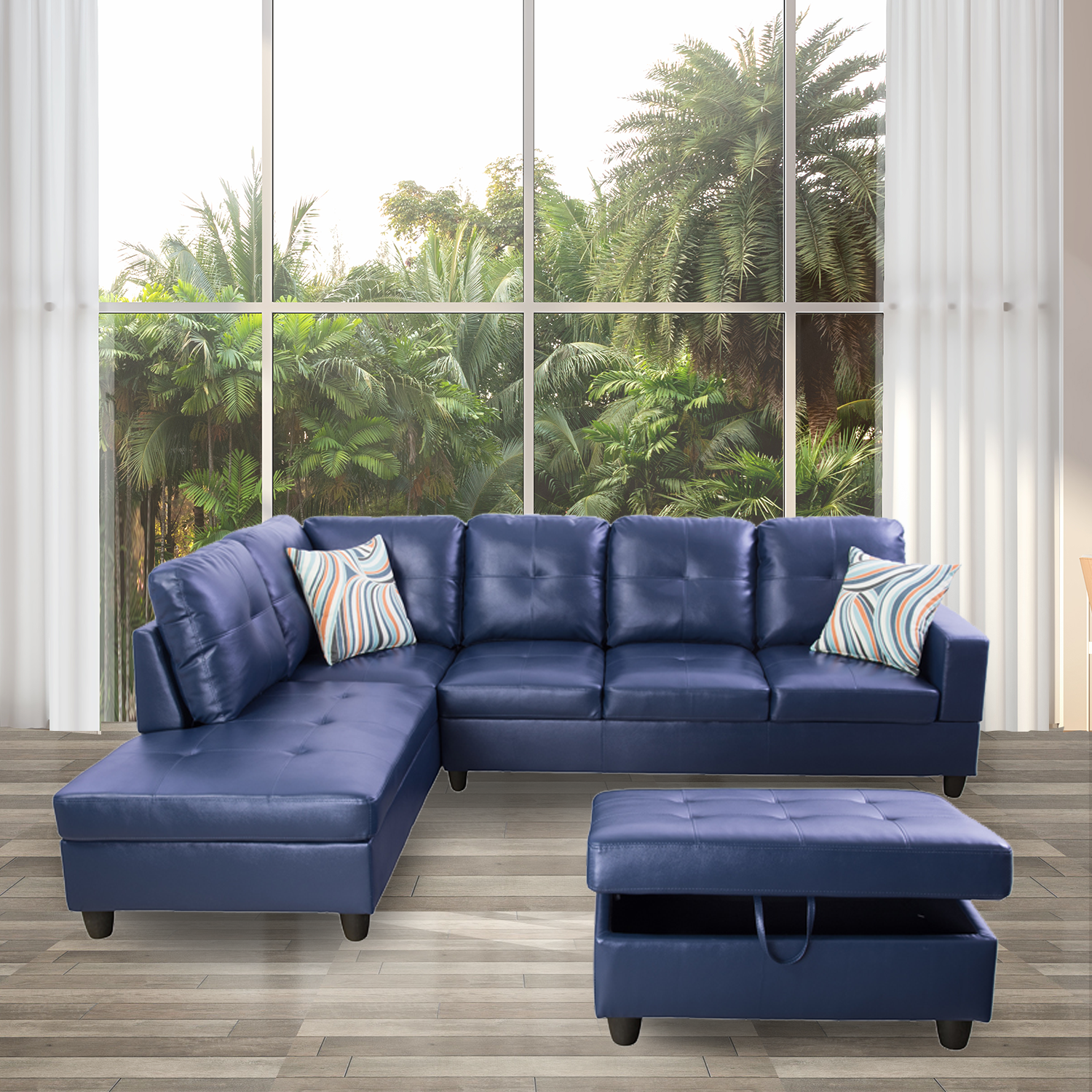 Ainehome Blue Synthetic Leather L-Shaped Living Room Sectional Sofa Set