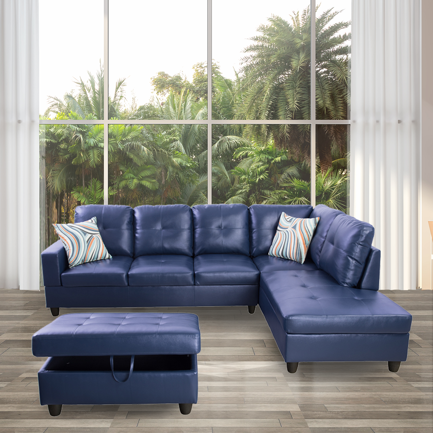 Ainehome Blue Synthetic Leather L-Shaped Living Room Sectional Sofa Set