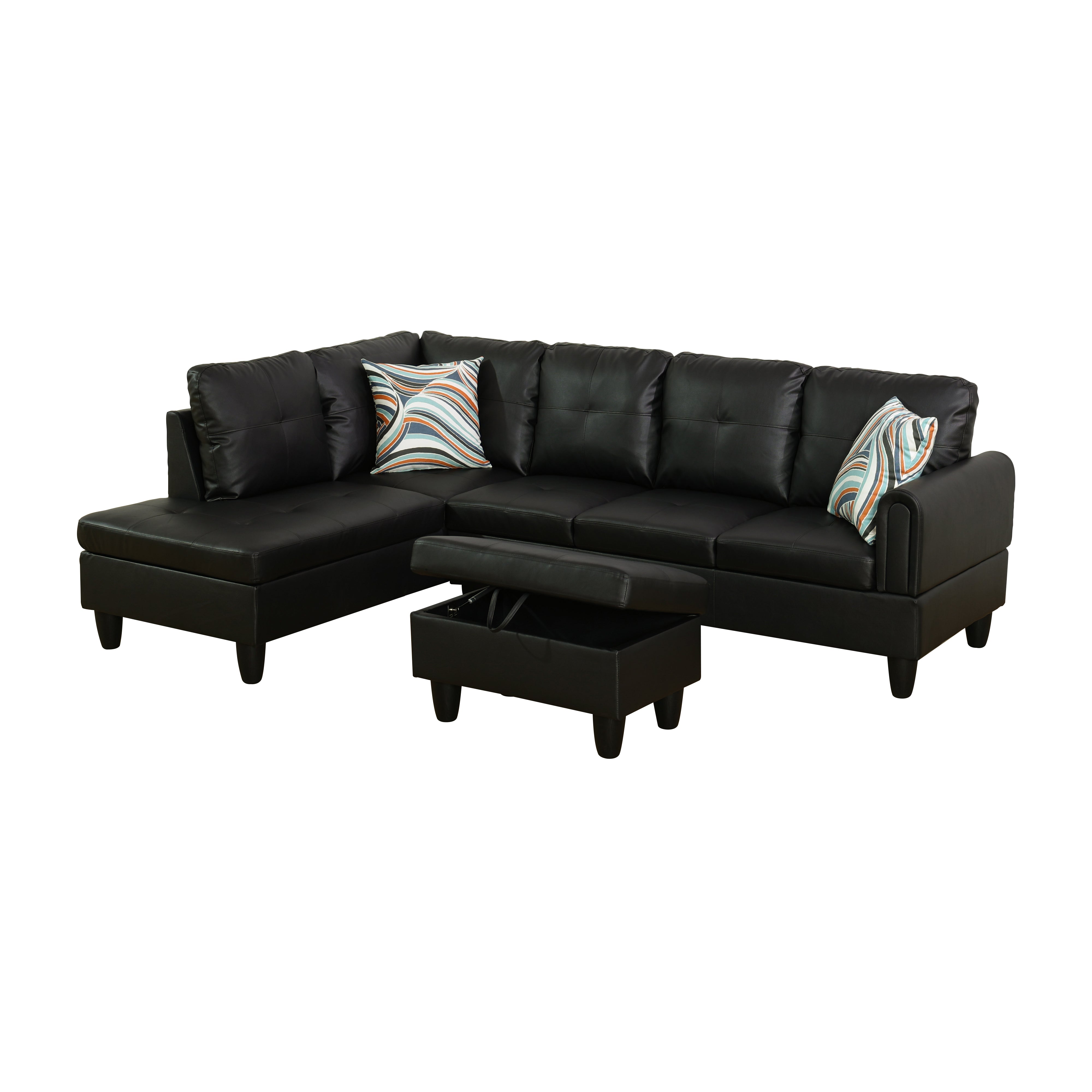 Ainehome Black Faux Leather L-Shaped Living Room Sectional Sofa Set