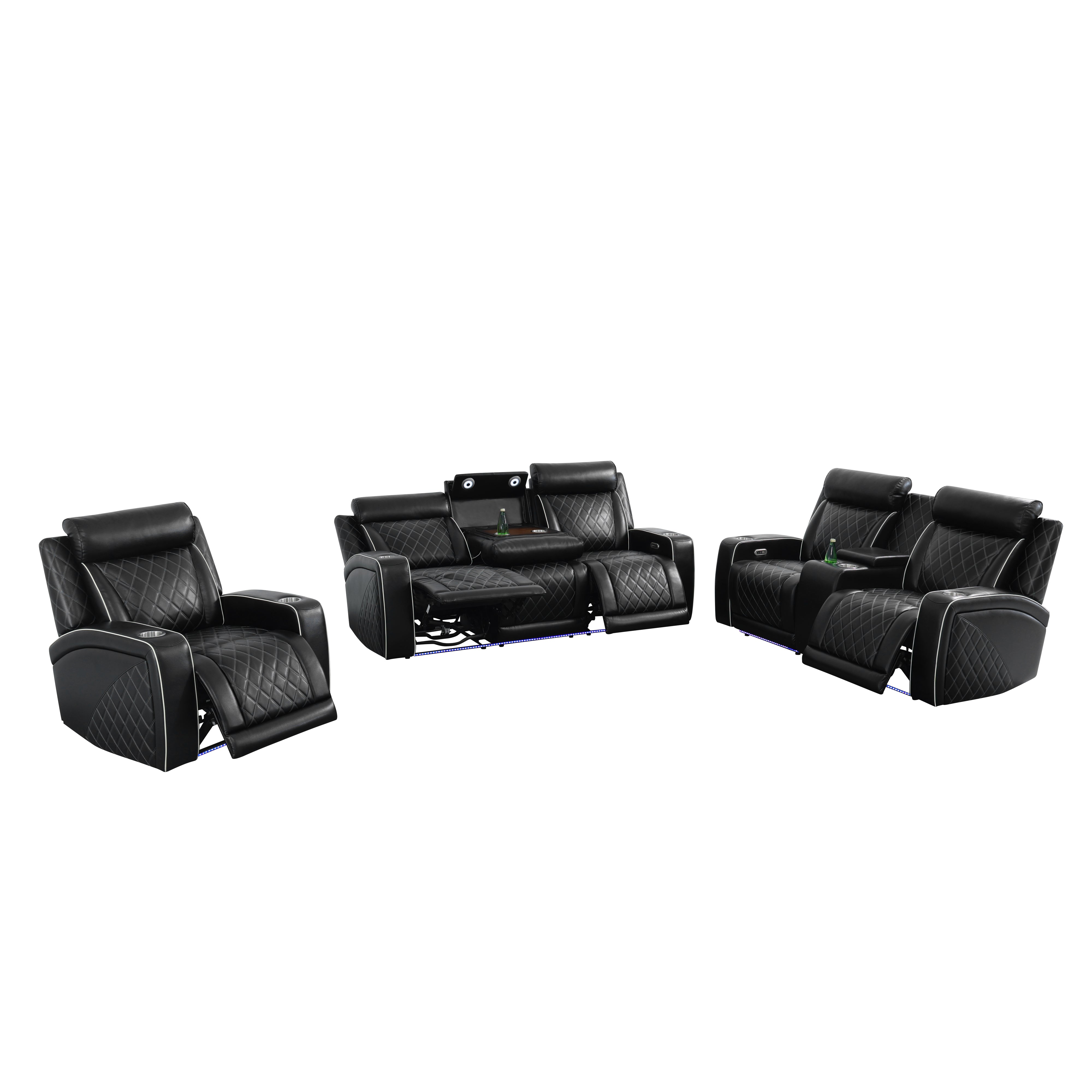 Black Breathable Leather 3-Piece Living Room Functional Sofa Set