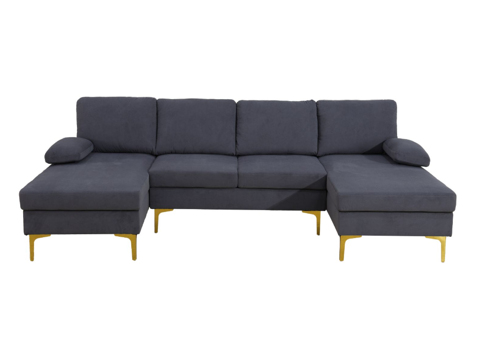 Deep Grey Fluffy Fabric U-shaped 3-Piece Living Room Sofa set