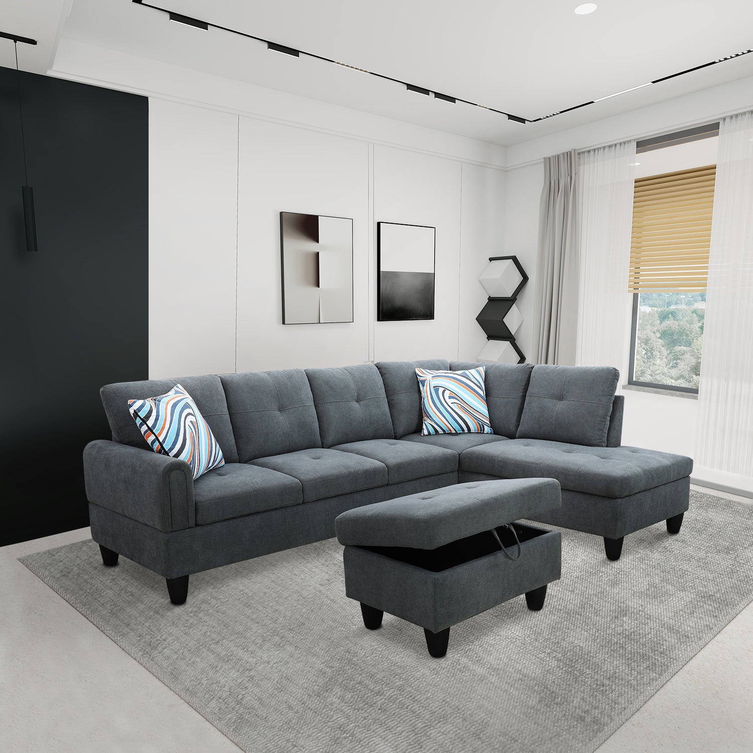 Ainehome Dark Grey Flannel L-Shaped Living Room Sectional Sofa Set