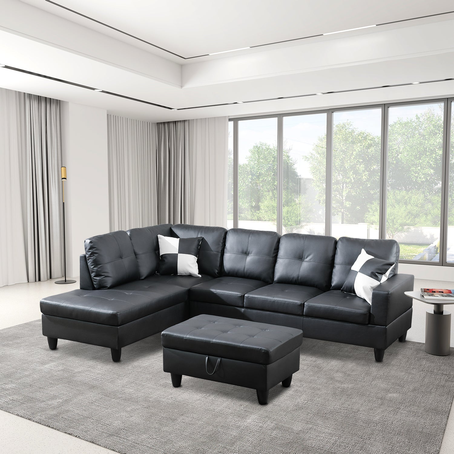 Ainehome Black Faux Leather L-Shaped Living Room Sectional Sofa Set