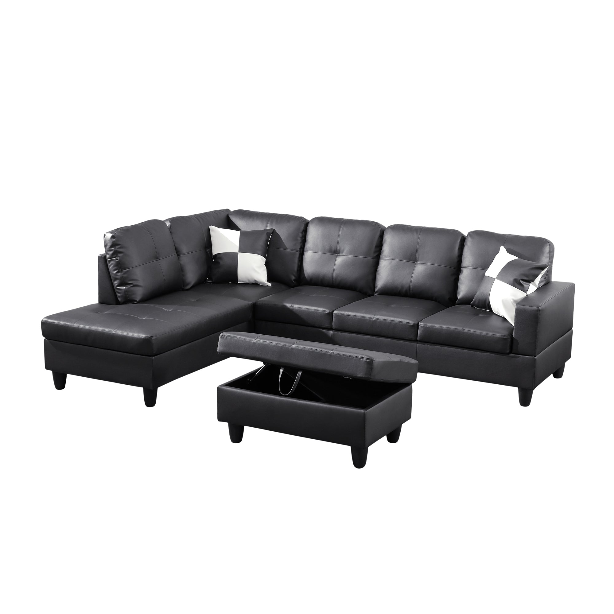 Ainehome Black Faux Leather L-Shaped Living Room Sectional Sofa Set
