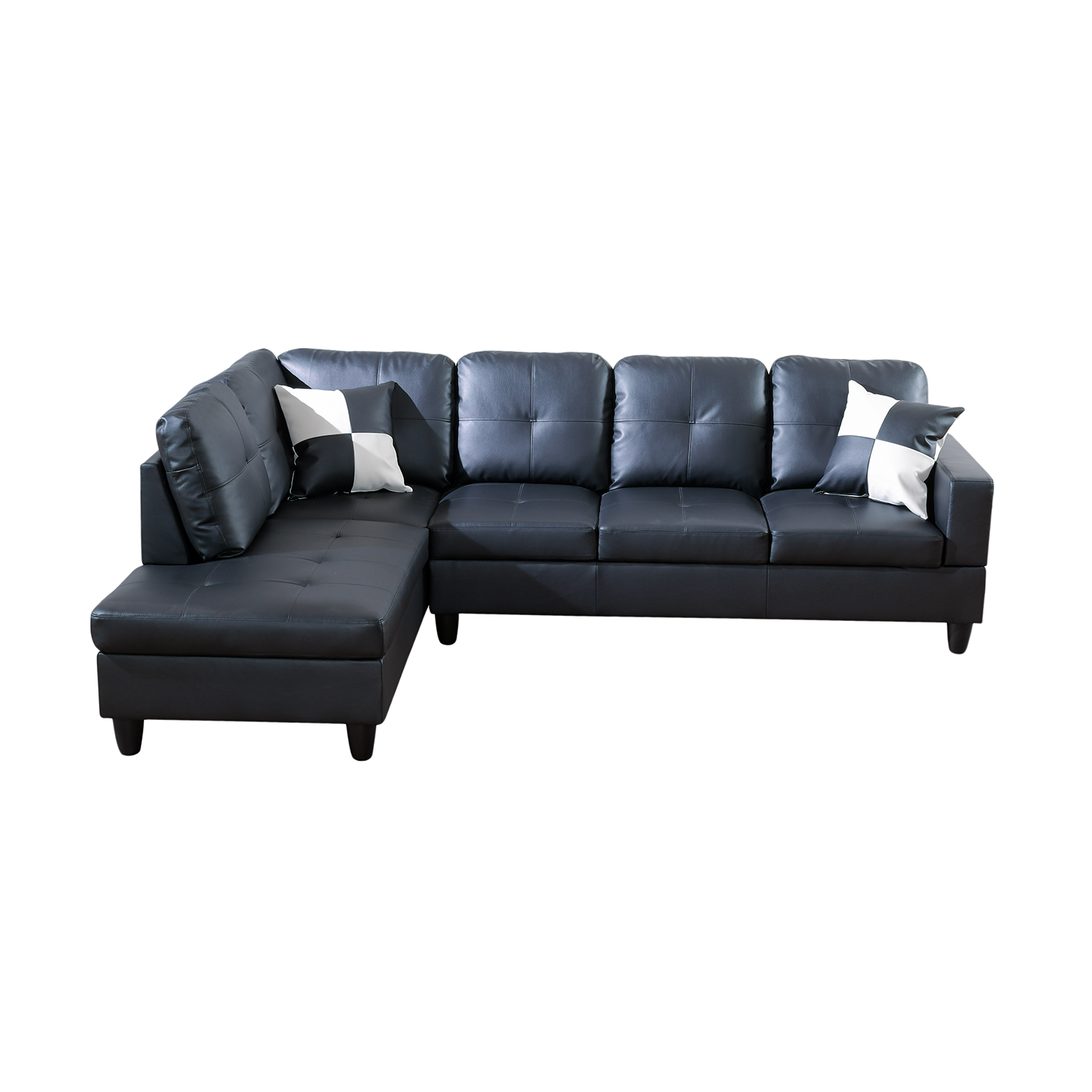 Ainehome Black Faux Leather L-Shaped Living Room Sectional Sofa Set