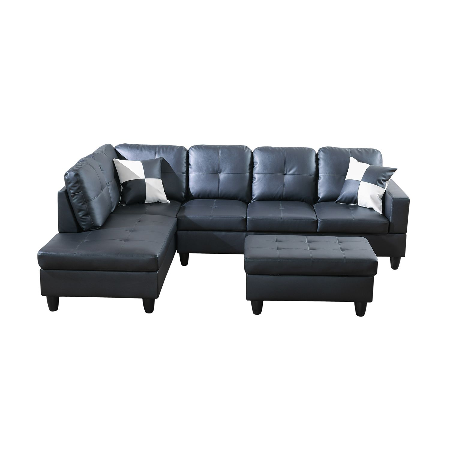 Ainehome Black Faux Leather L-Shaped Living Room Sectional Sofa Set