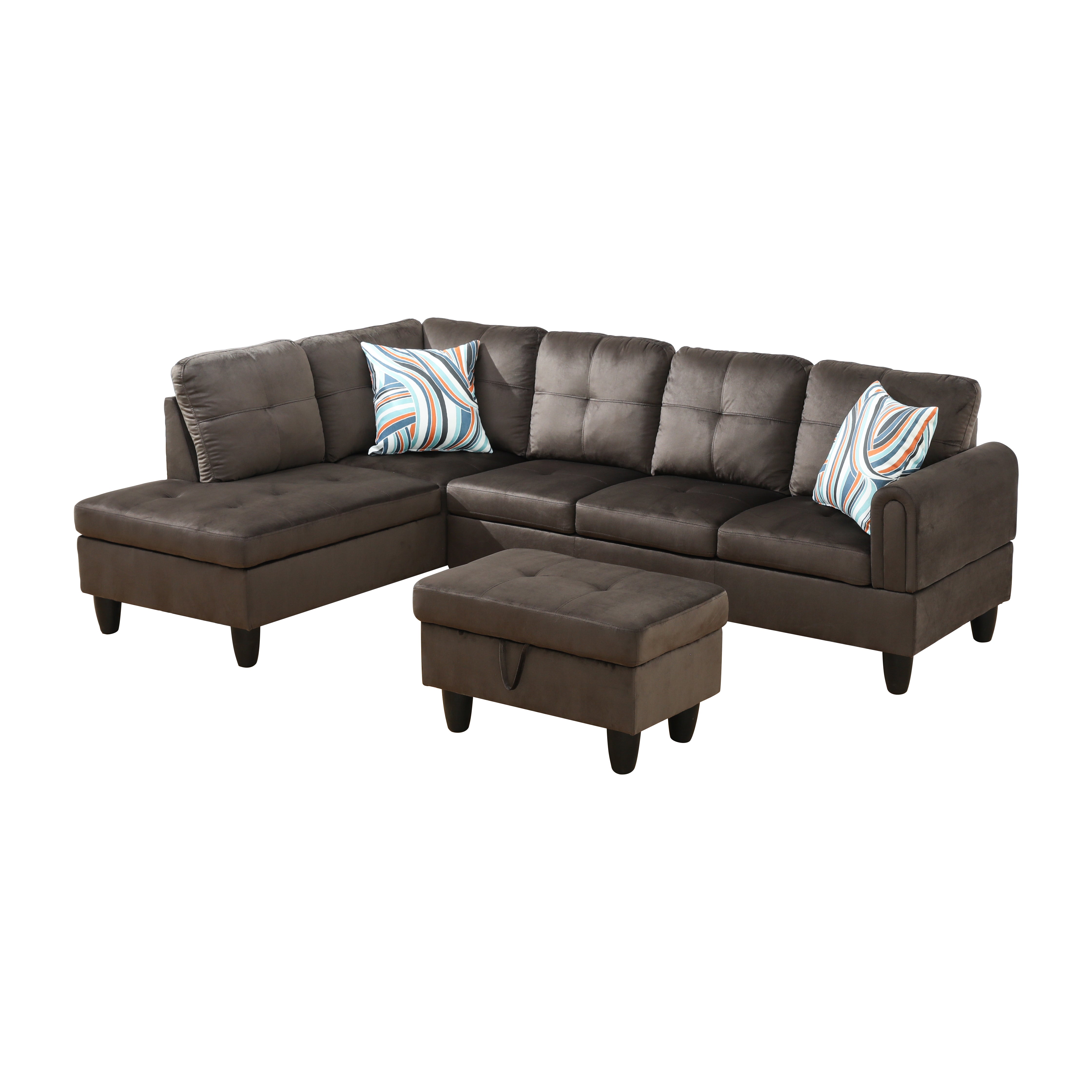 Ainehome Dark Brown Flannel L-Shaped Living Room Sectional Sofa Set