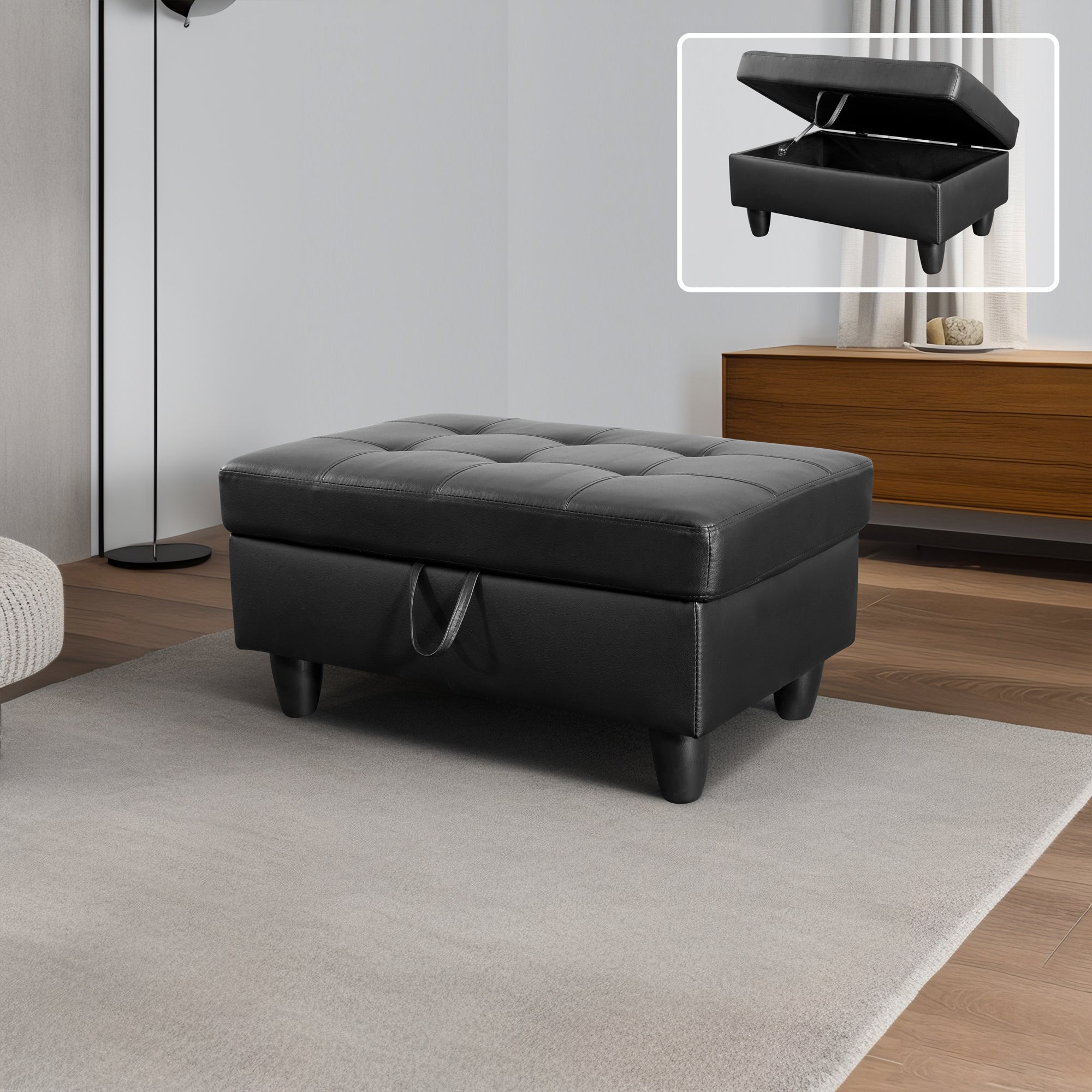 Sofá otomano de cuero sintético negro con espacio de almacenaje para sala de estar de Ainehome