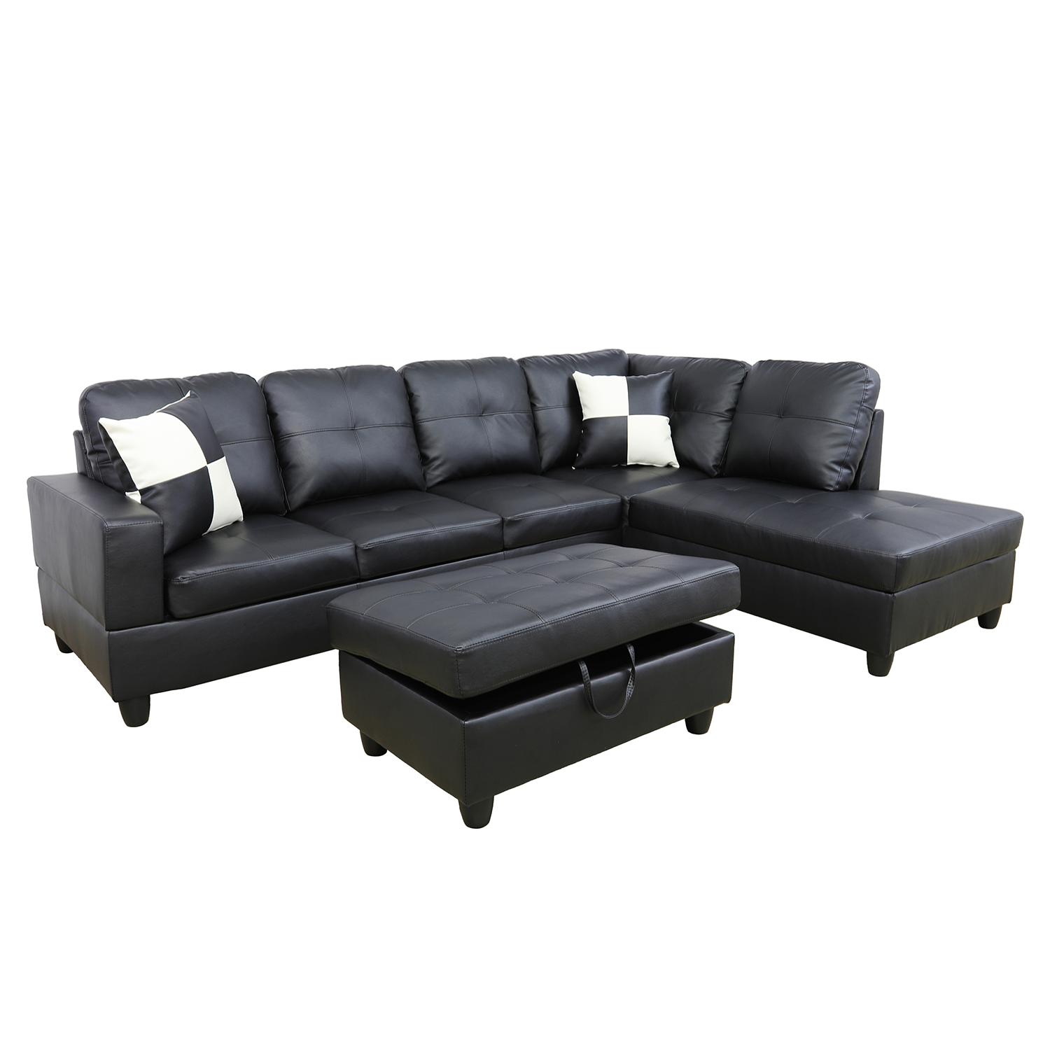 Ainehome Black Faux Leather L-Shaped Living Room Sectional Sofa Set