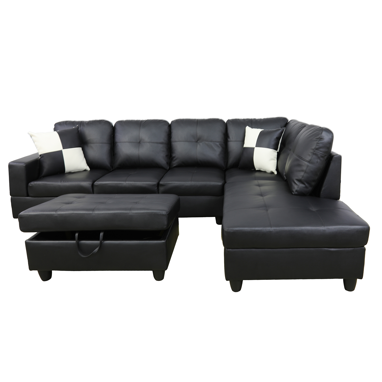 Ainehome Black Faux Leather L-Shaped Living Room Sectional Sofa Set