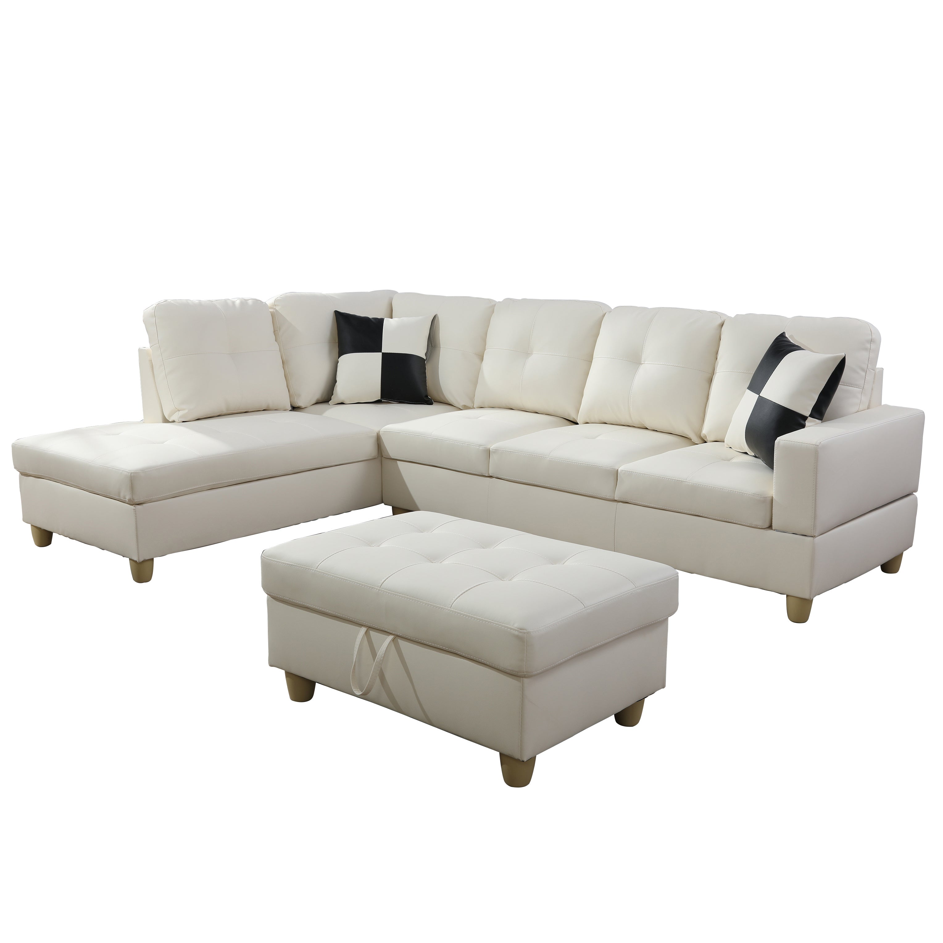 Ainehome White Faux Leather L-Shaped Living Room Sectional Sofa Set