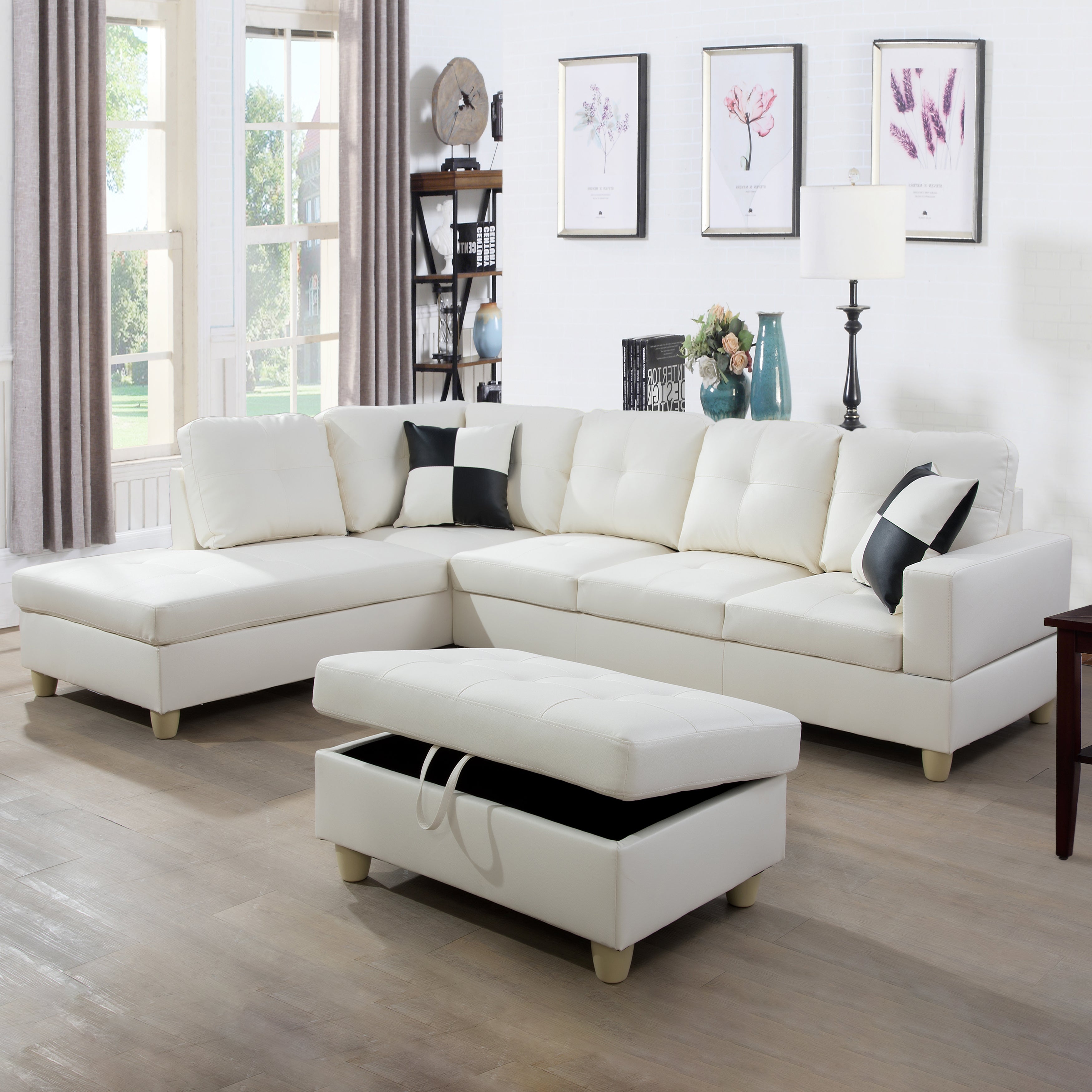 Ainehome White Faux Leather L-Shaped Living Room Sectional Sofa Set