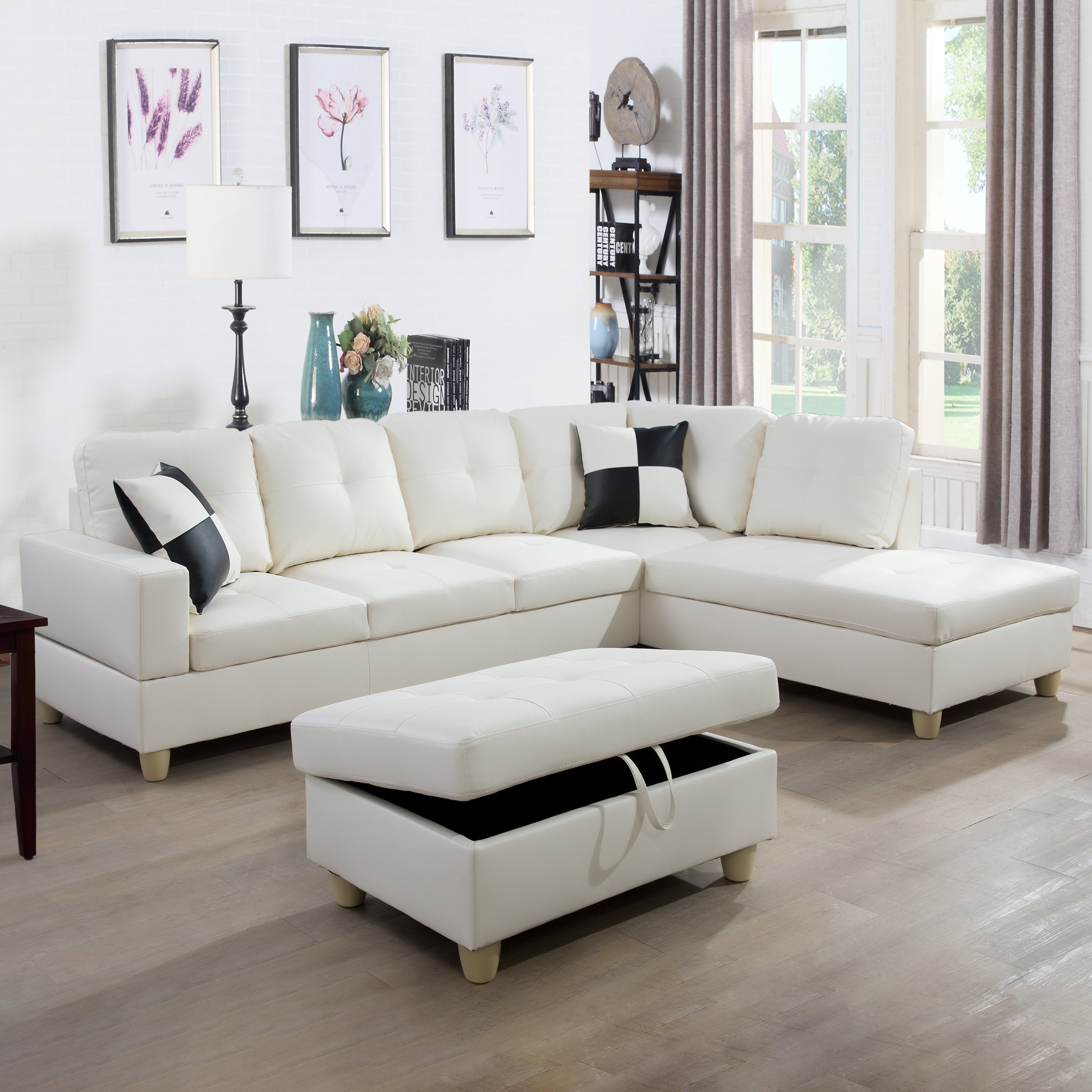 Conjunto de sofá seccional en forma de L de cuero sintético blanco de Ainehome para sala de estar