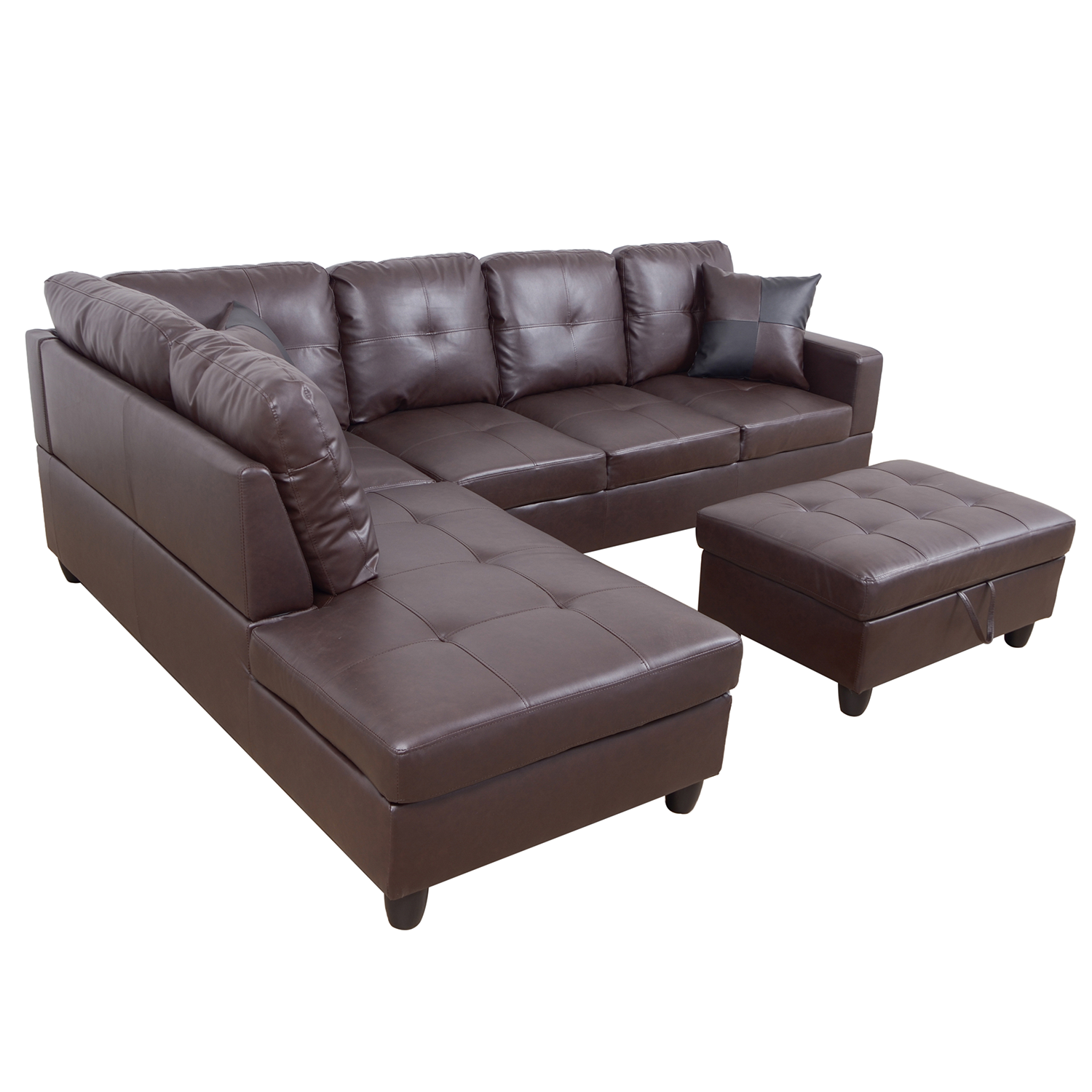 Conjunto de sofá seccional en forma de L de cuero sintético marrón de Ainehome para sala de estar