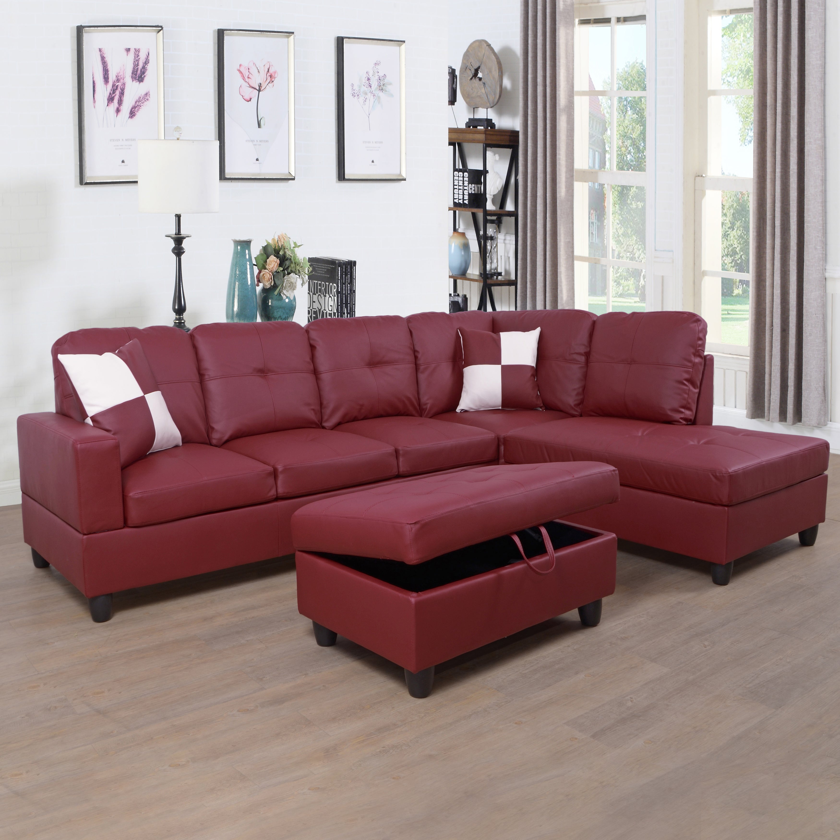 Conjunto de sofá seccional en forma de L de cuero sintético rojo de Ainehome para sala de estar