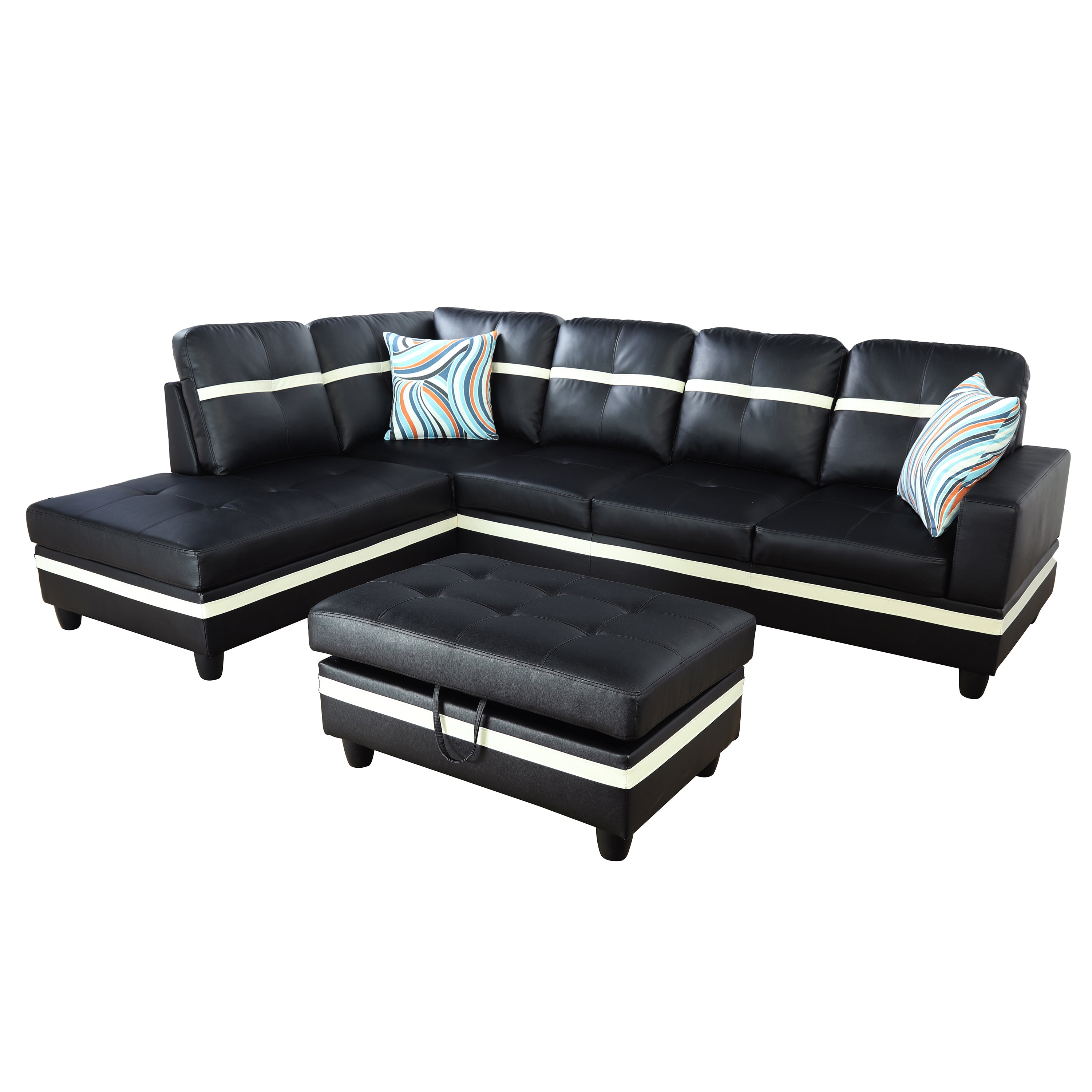 Ainehome Black And White Synthetic Leather L-Shaped Living Room Sectional Sofa Set