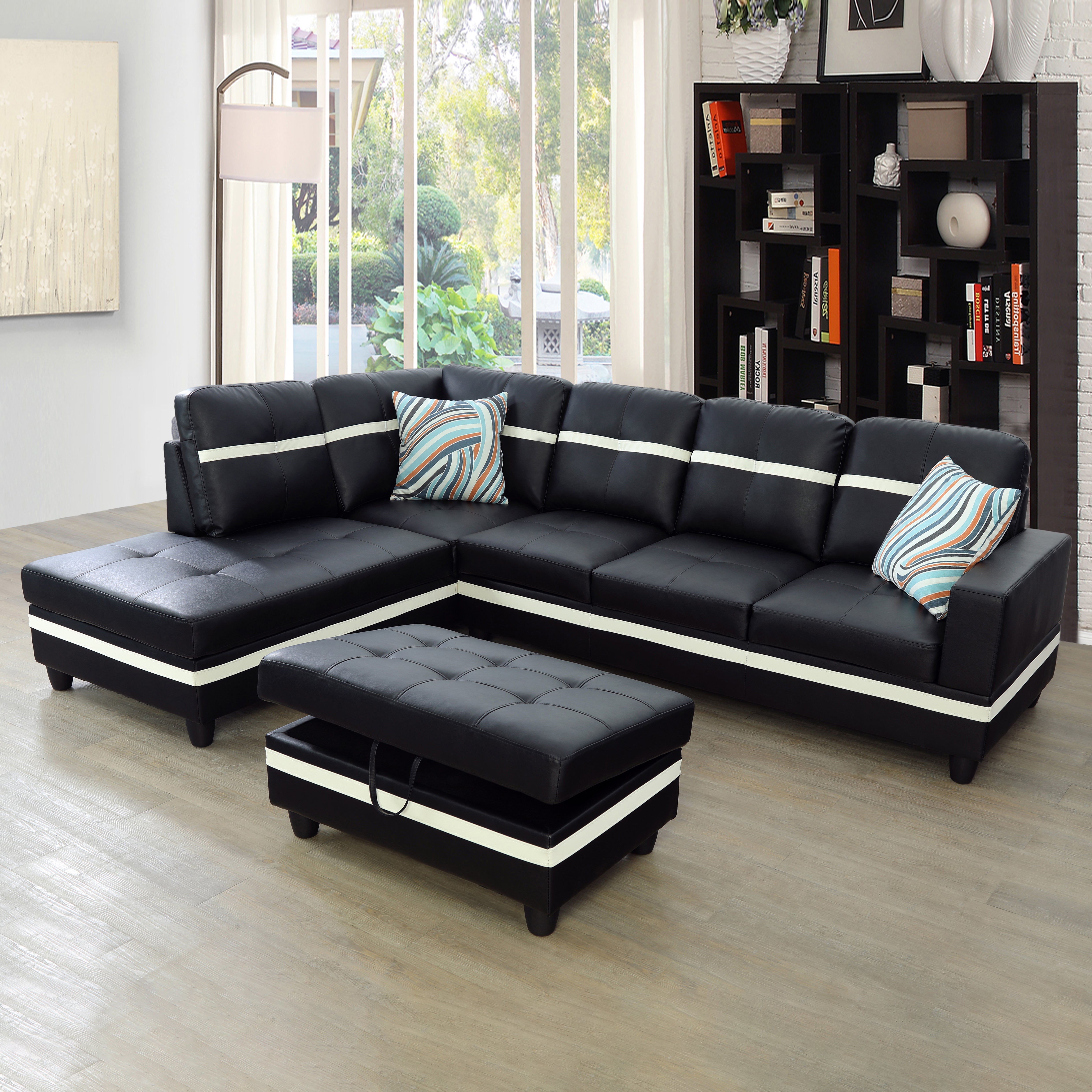 Ainehome Black And White Synthetic Leather L-Shaped Living Room Sectional Sofa Set