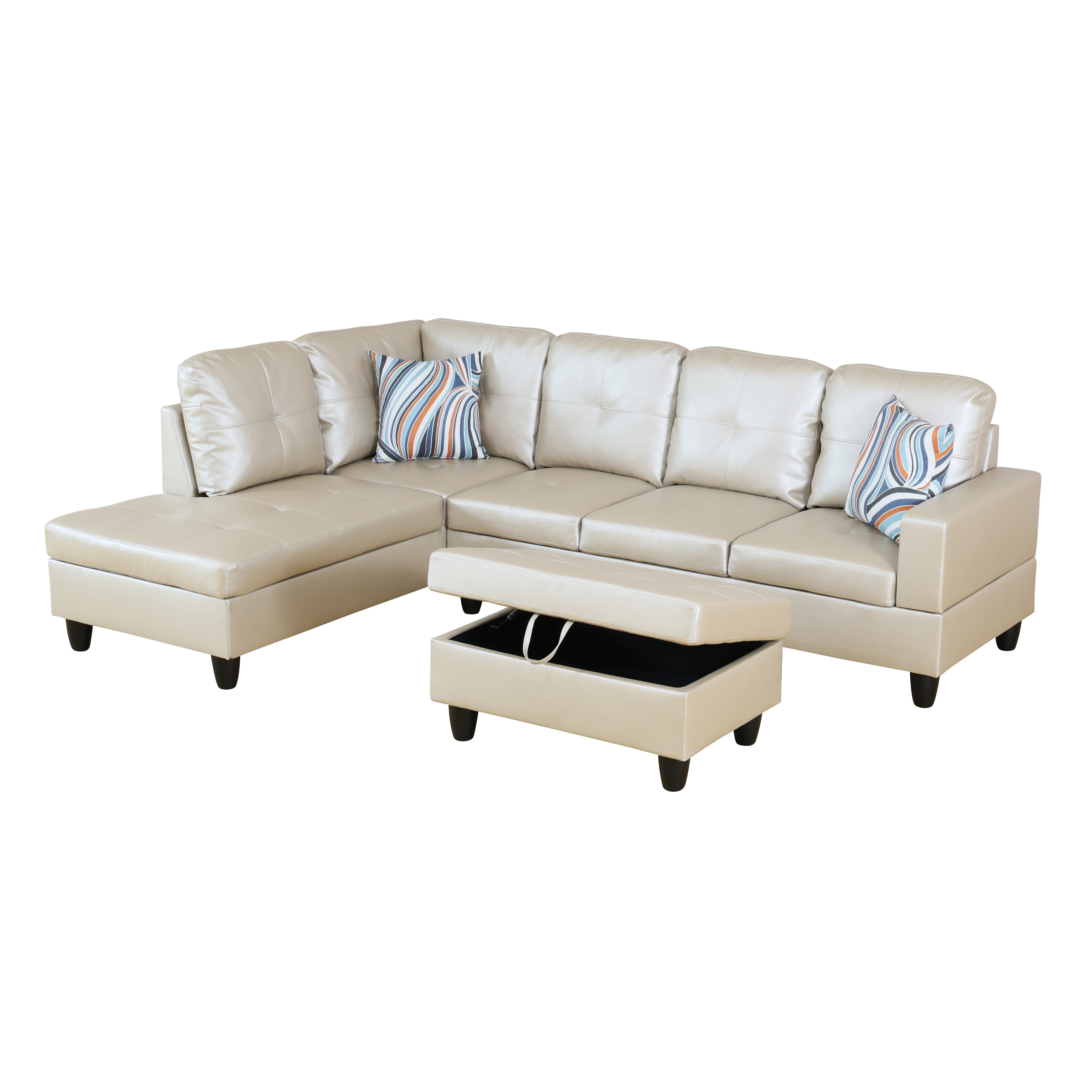Ainehome Light Grey Synthetic Leather L-Shaped Living Room Sectional Sofa Set
