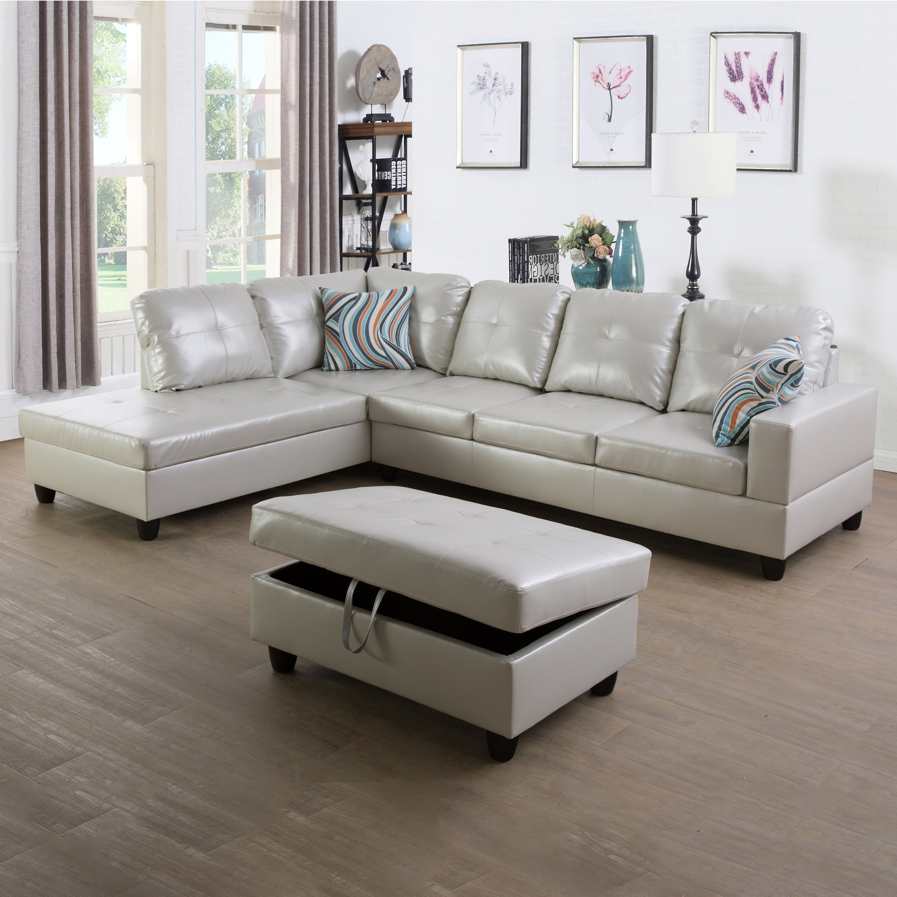 Ainehome Grey Semi PU Synthetic Leather L-Shaped Living Room Sectional Sofa Set
