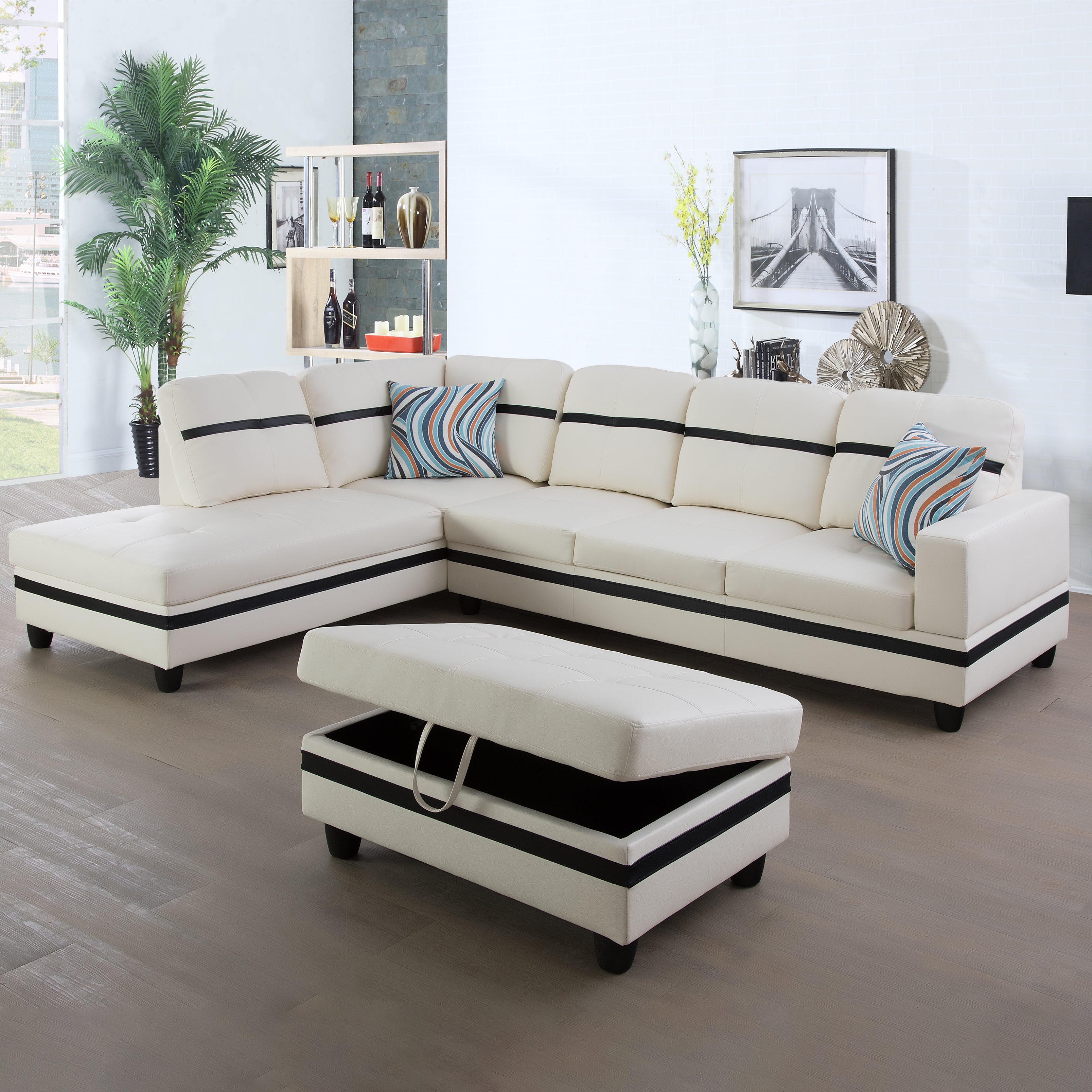Ainehome White And Black Synthetic Leather L-Shaped Living Room Sectional Sofa Set
