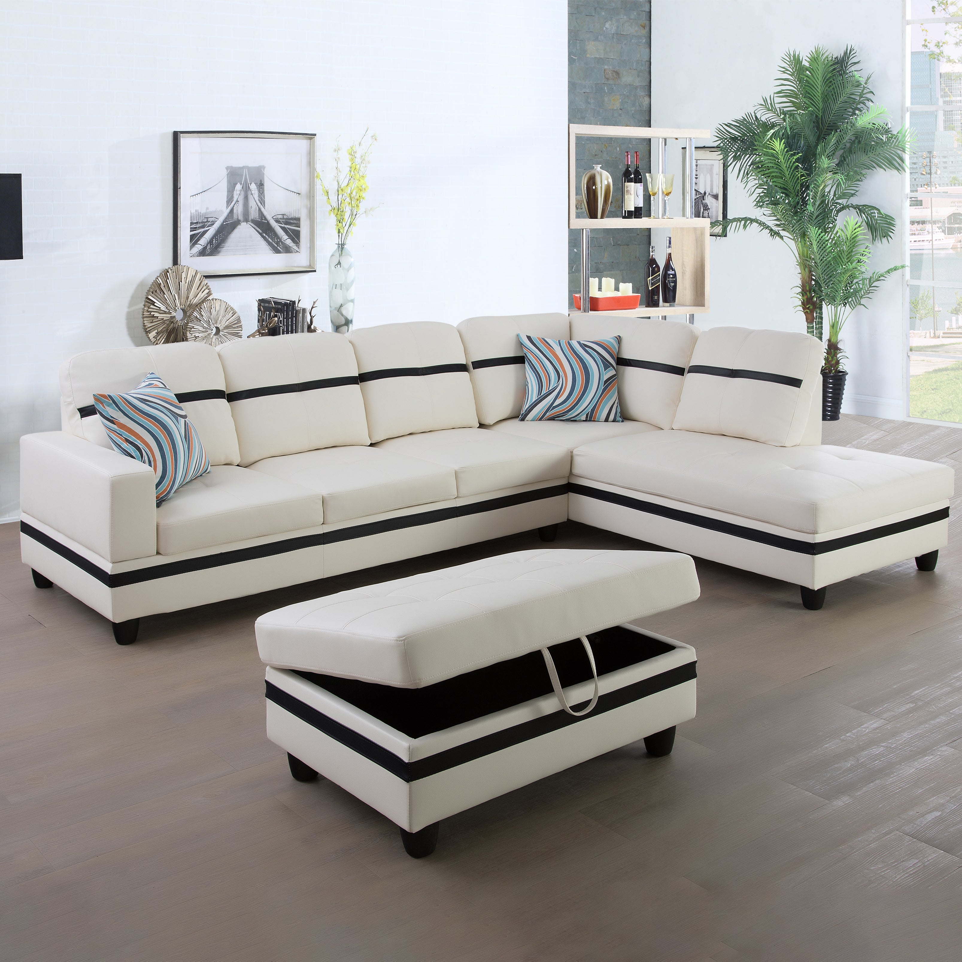 Ainehome White And Black Synthetic Leather L-Shaped Living Room Sectional Sofa Set