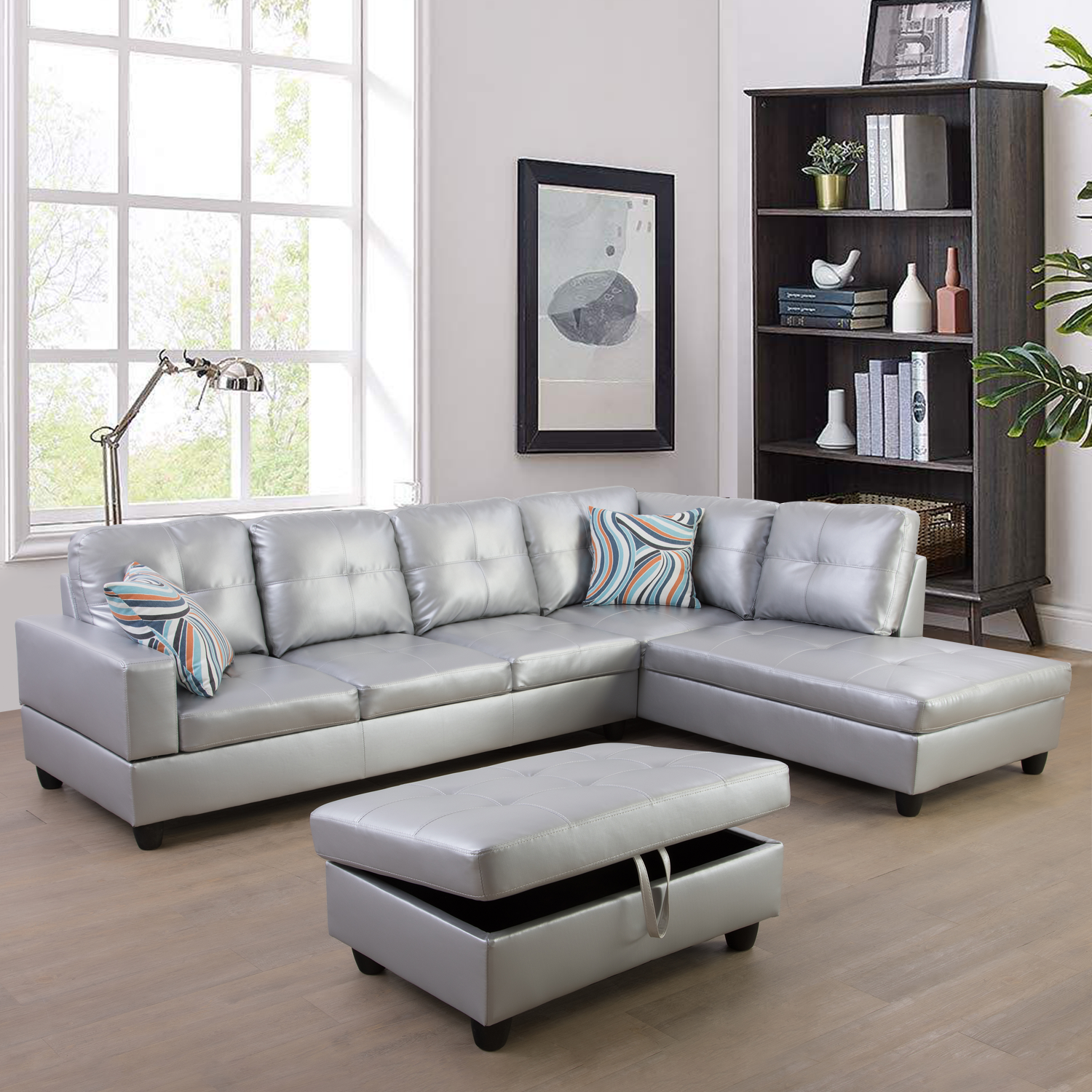 Conjunto de sofás de salón en forma de L de piel sintética semi sintética color blanco plateado de Ainehome