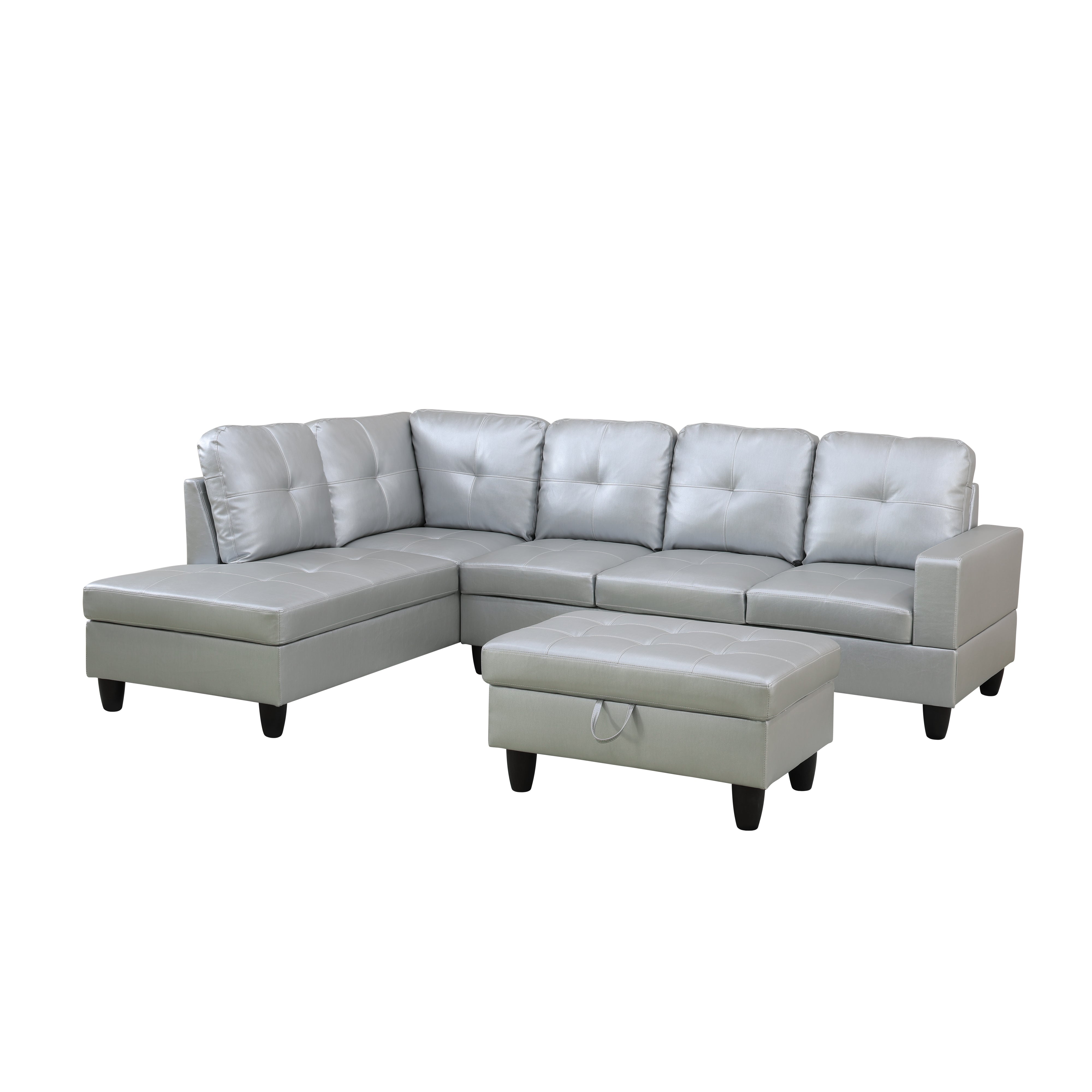 Ainehome Silver White Semi PU Synthetic Leather L-Shaped Living Room Sofa Set