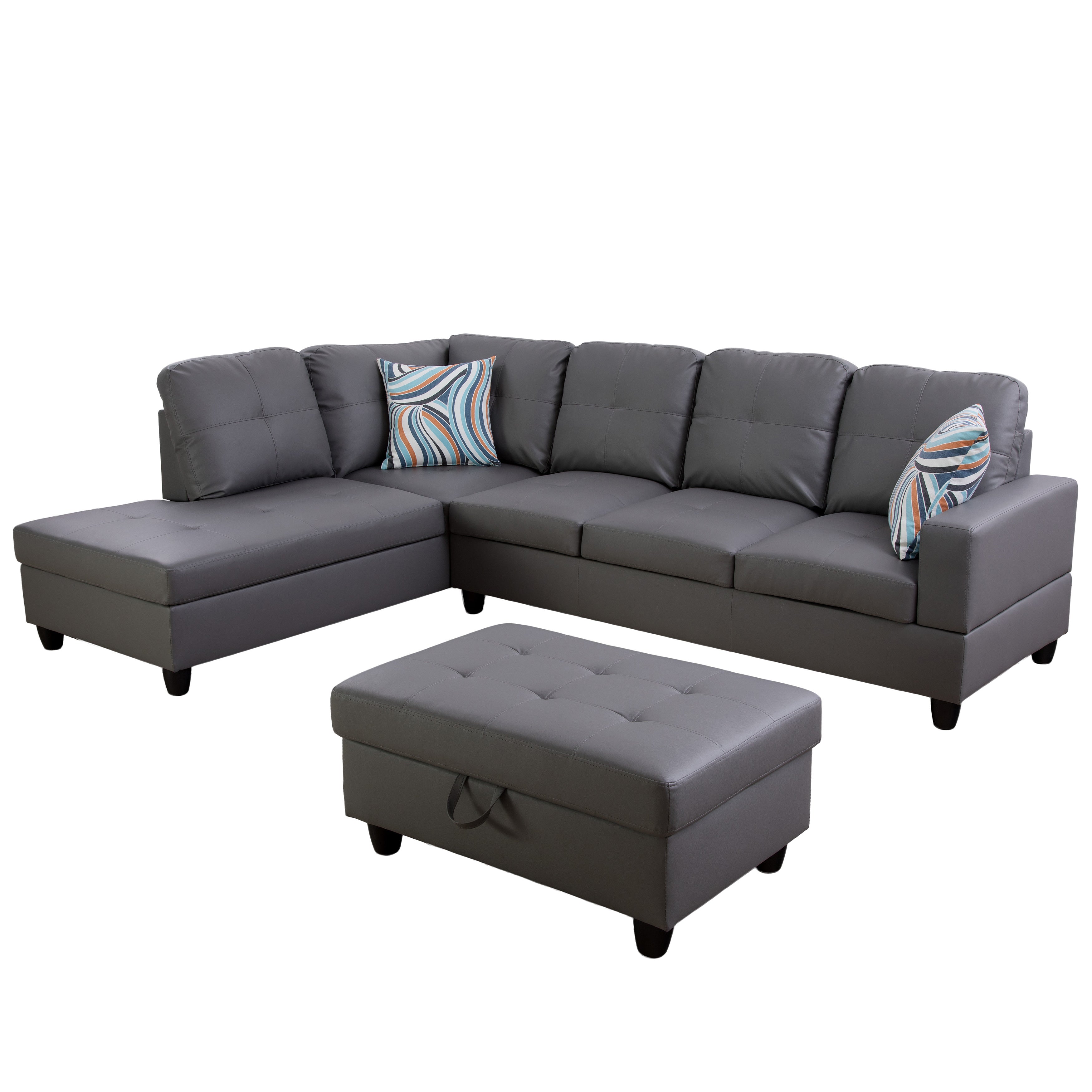 Ainehome Dark Grey Synthetic L-Shaped Living Room Sectional Sofa Set