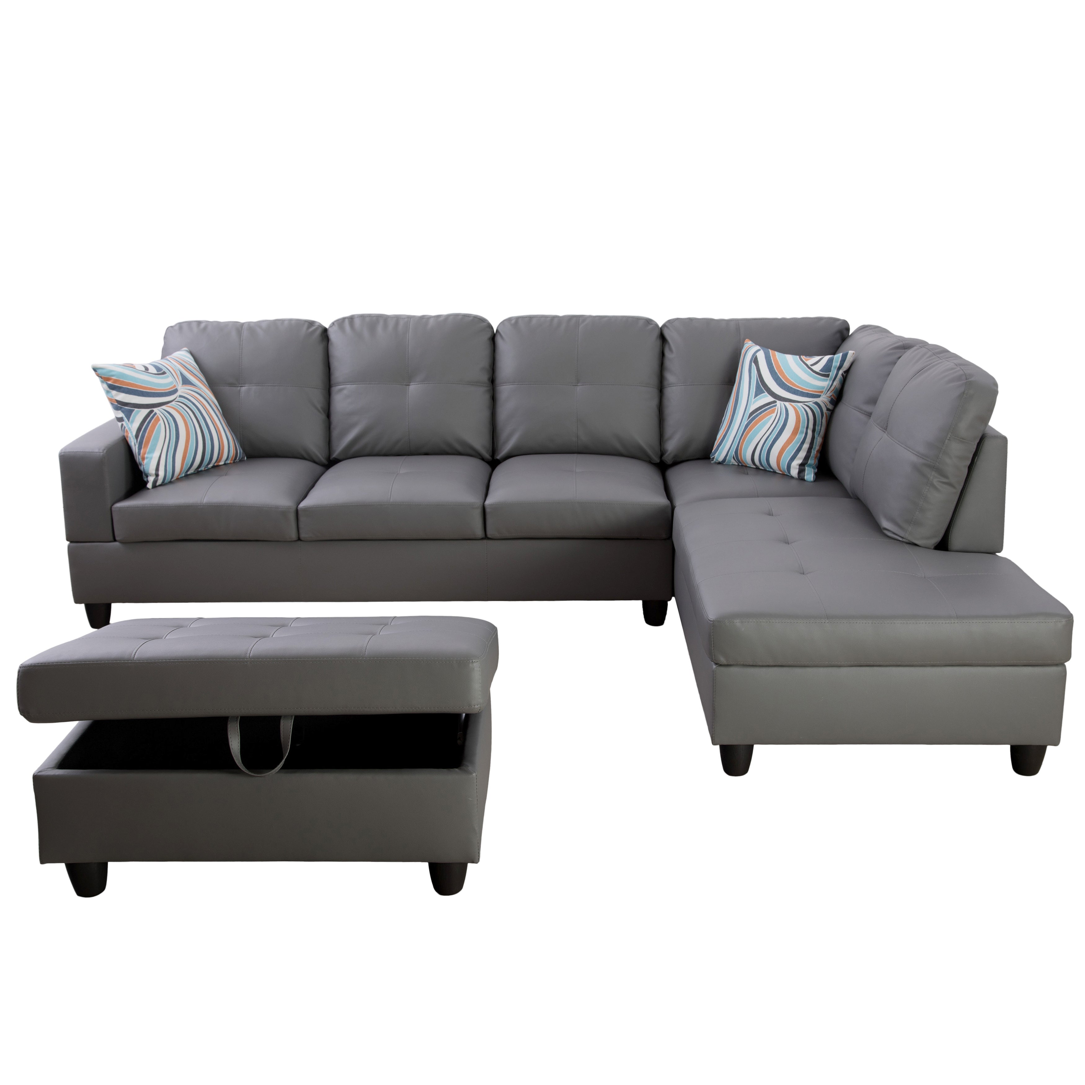 Ainehome Dark Grey Synthetic L-Shaped Living Room Sectional Sofa Set