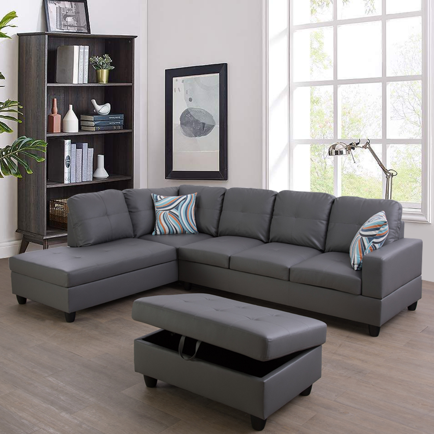 Ainehome Dark Grey Synthetic L-Shaped Living Room Sectional Sofa Set