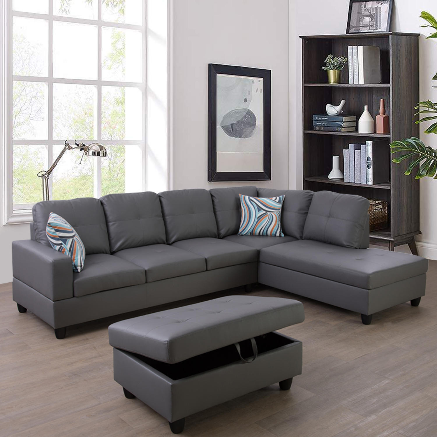 Ainehome Dark Grey Synthetic L-Shaped Living Room Sectional Sofa Set
