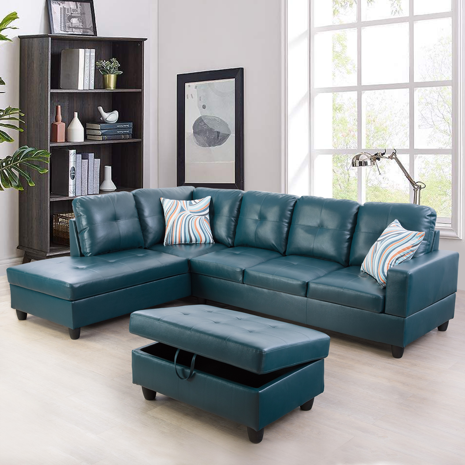 Ainehome Peacock Blue Synthetic Leather L-Shaped Living Room Sectional Sofa Set