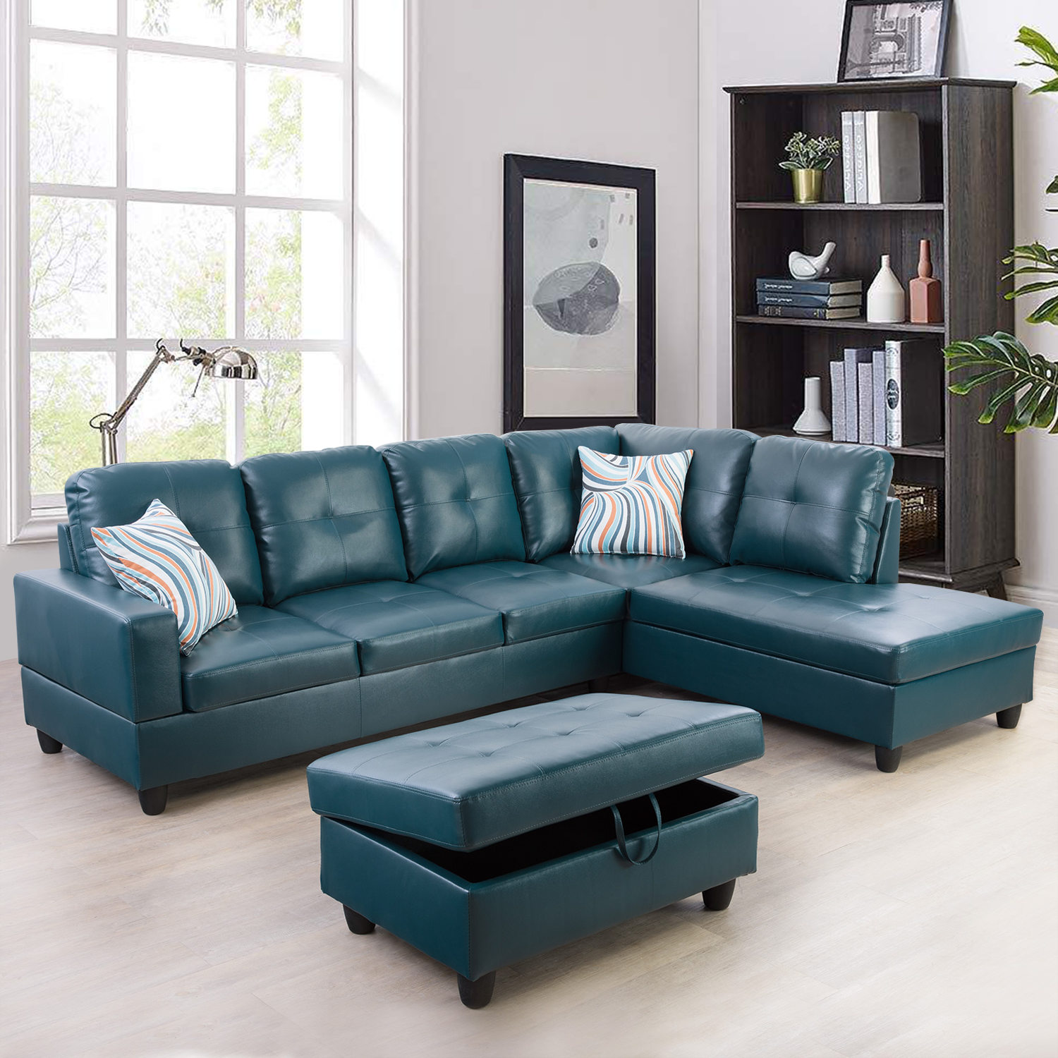 Ainehome Peacock Blue Synthetic Leather L-Shaped Living Room Sectional Sofa Set