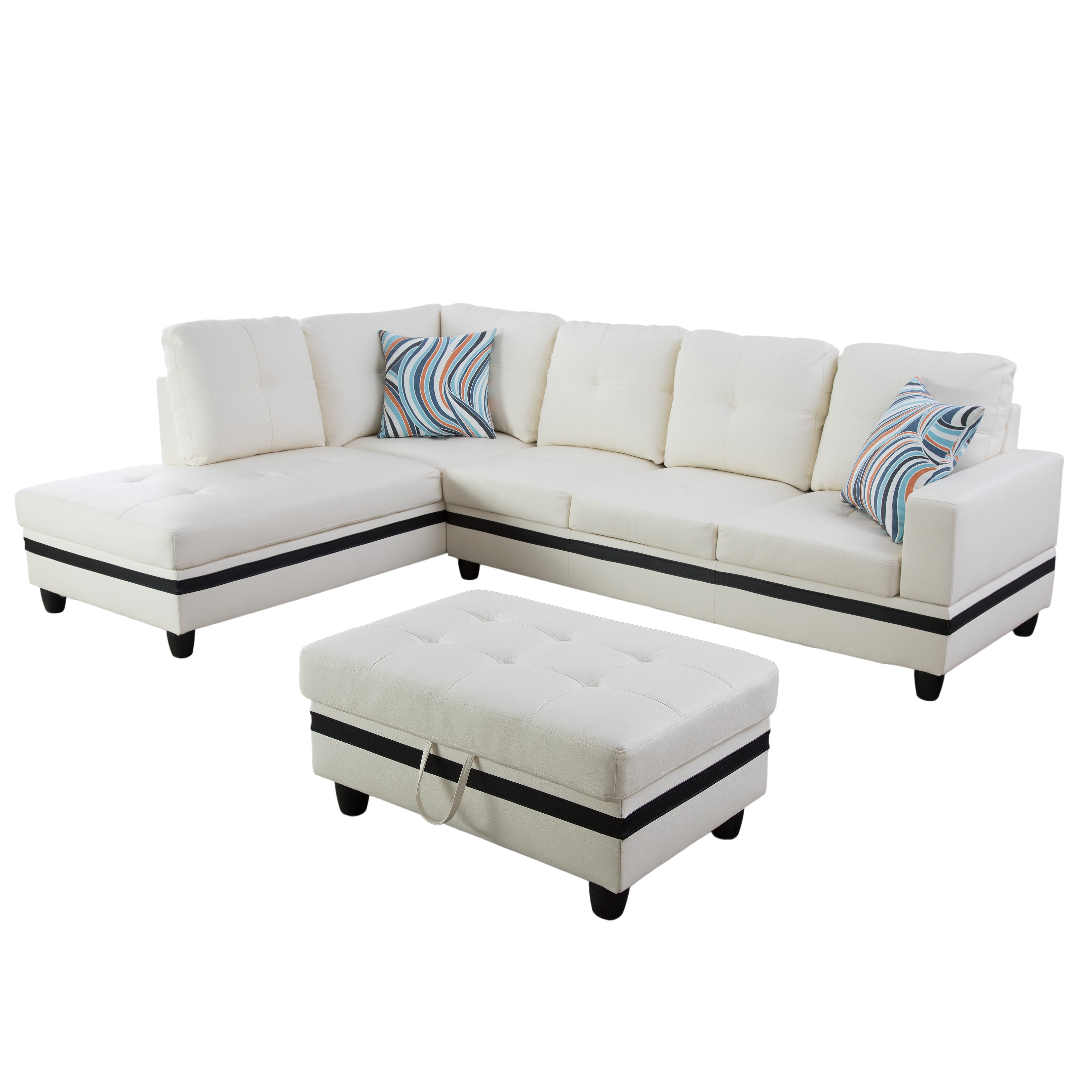 Ainehome White And Black Synthetic Leather L-Shaped Living Room Sectional Sofa Set