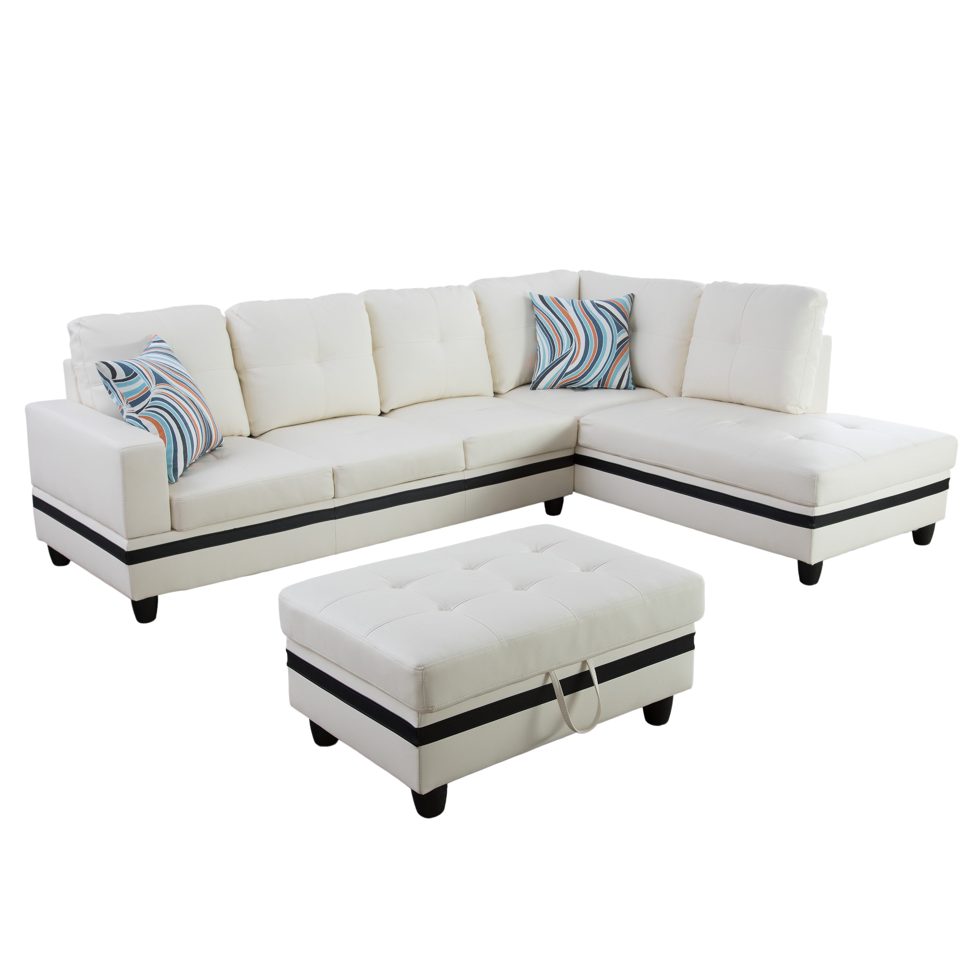 Conjunto de sofá seccional en forma de L de cuero sintético blanco y negro de Ainehome para sala de estar