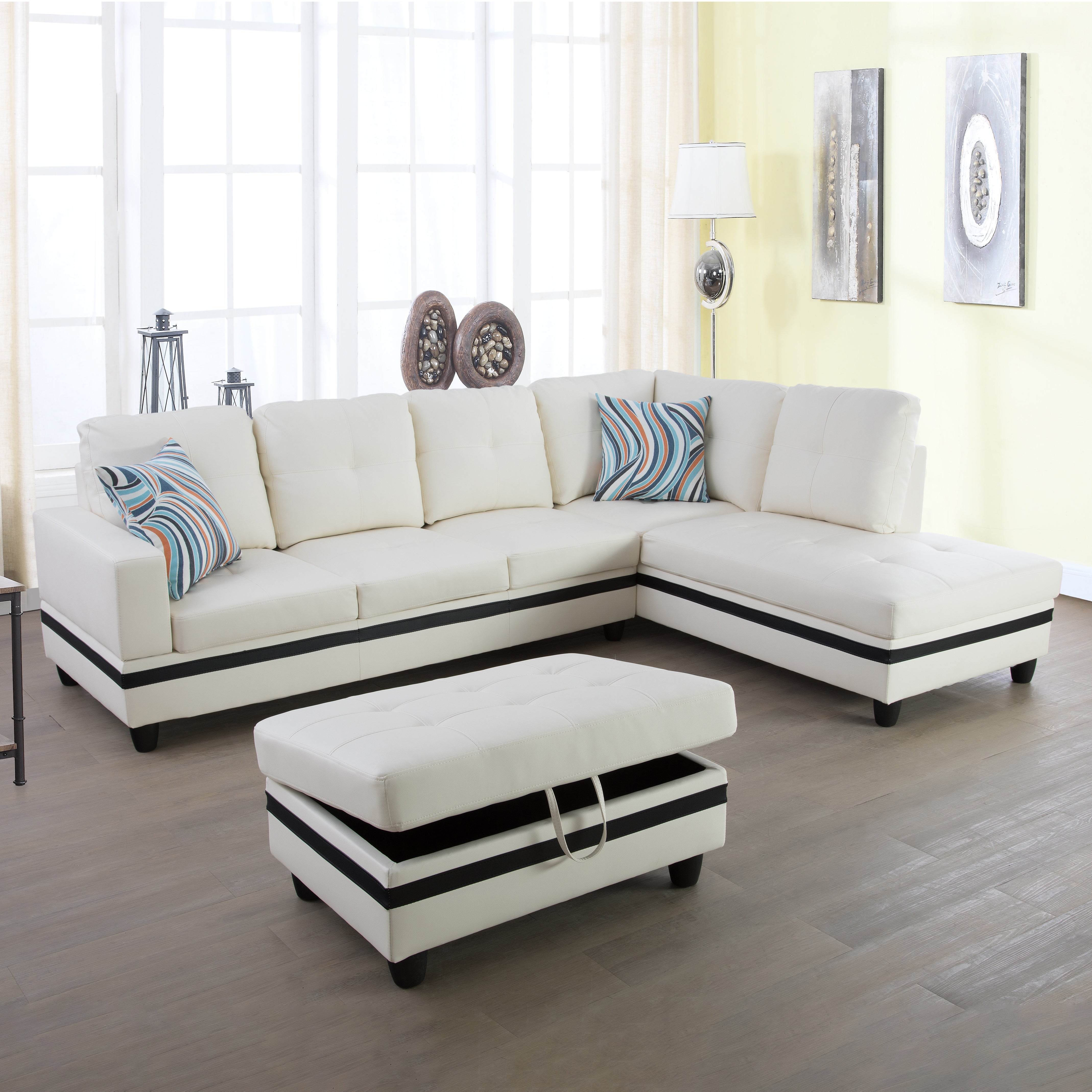Conjunto de sofá seccional en forma de L de cuero sintético blanco y negro de Ainehome para sala de estar