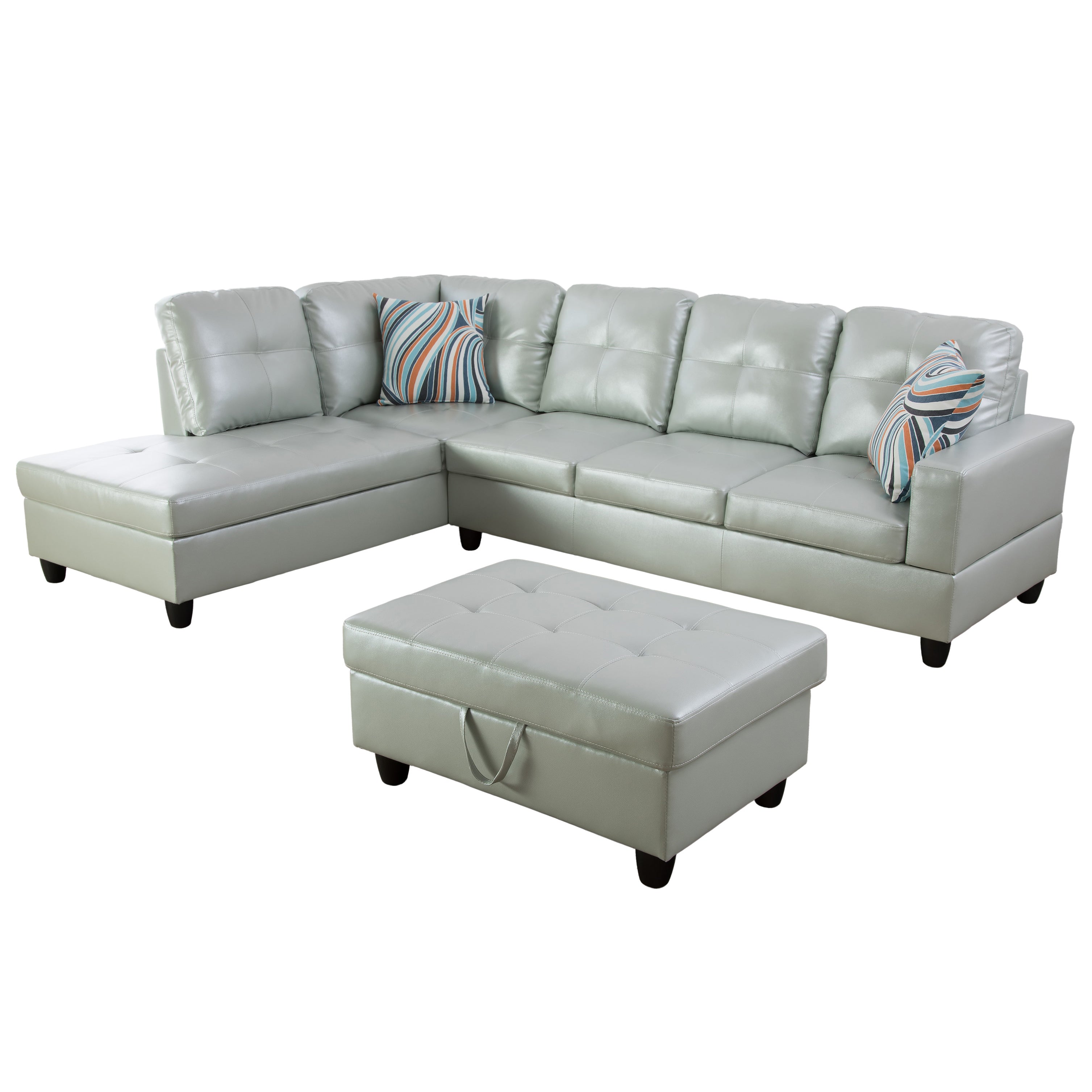 Ainehome Silver Green Semi PU Synthetic Leather L-Shaped Living Room Sofa Set