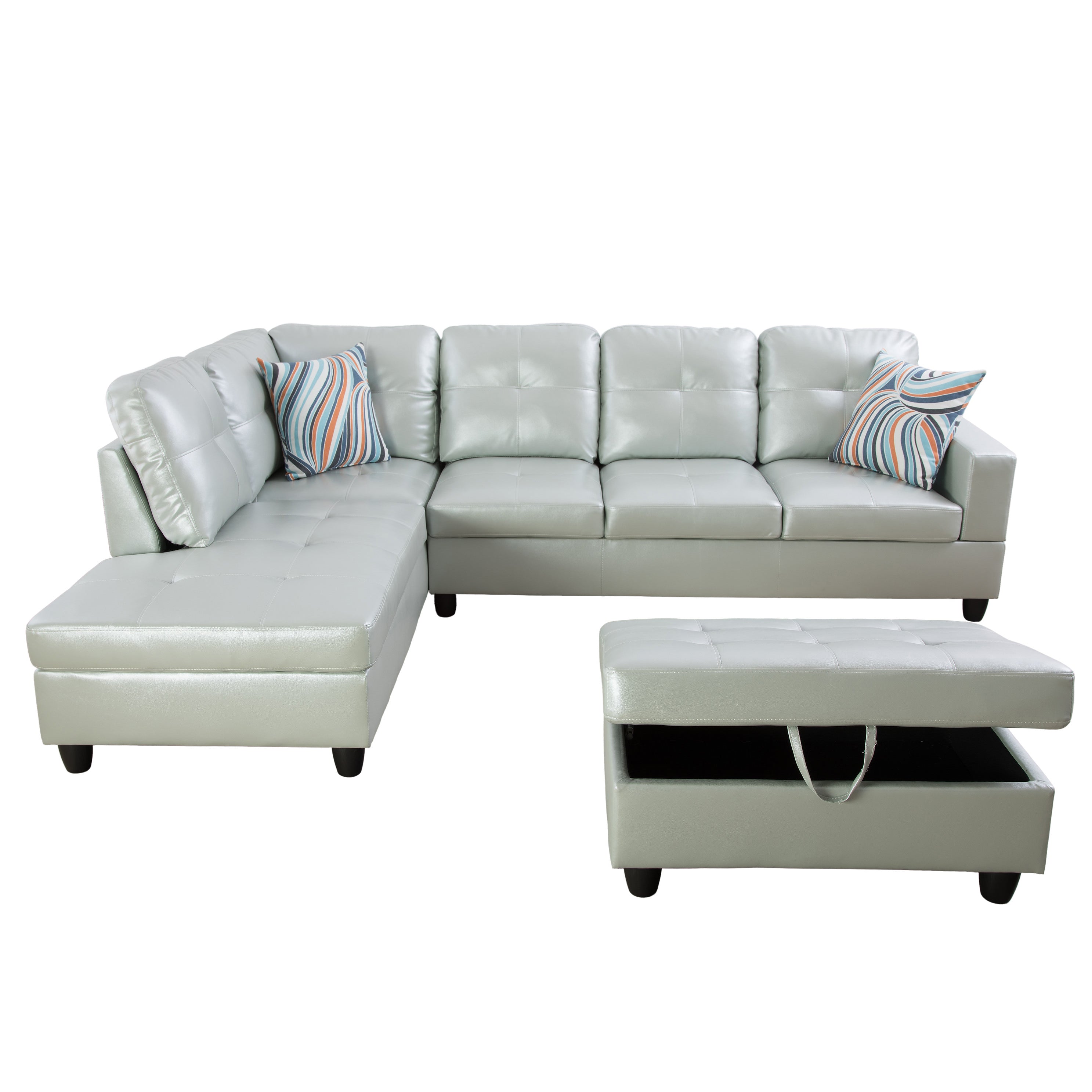 Ainehome Silver Green Semi PU Synthetic Leather L-Shaped Living Room Sofa Set