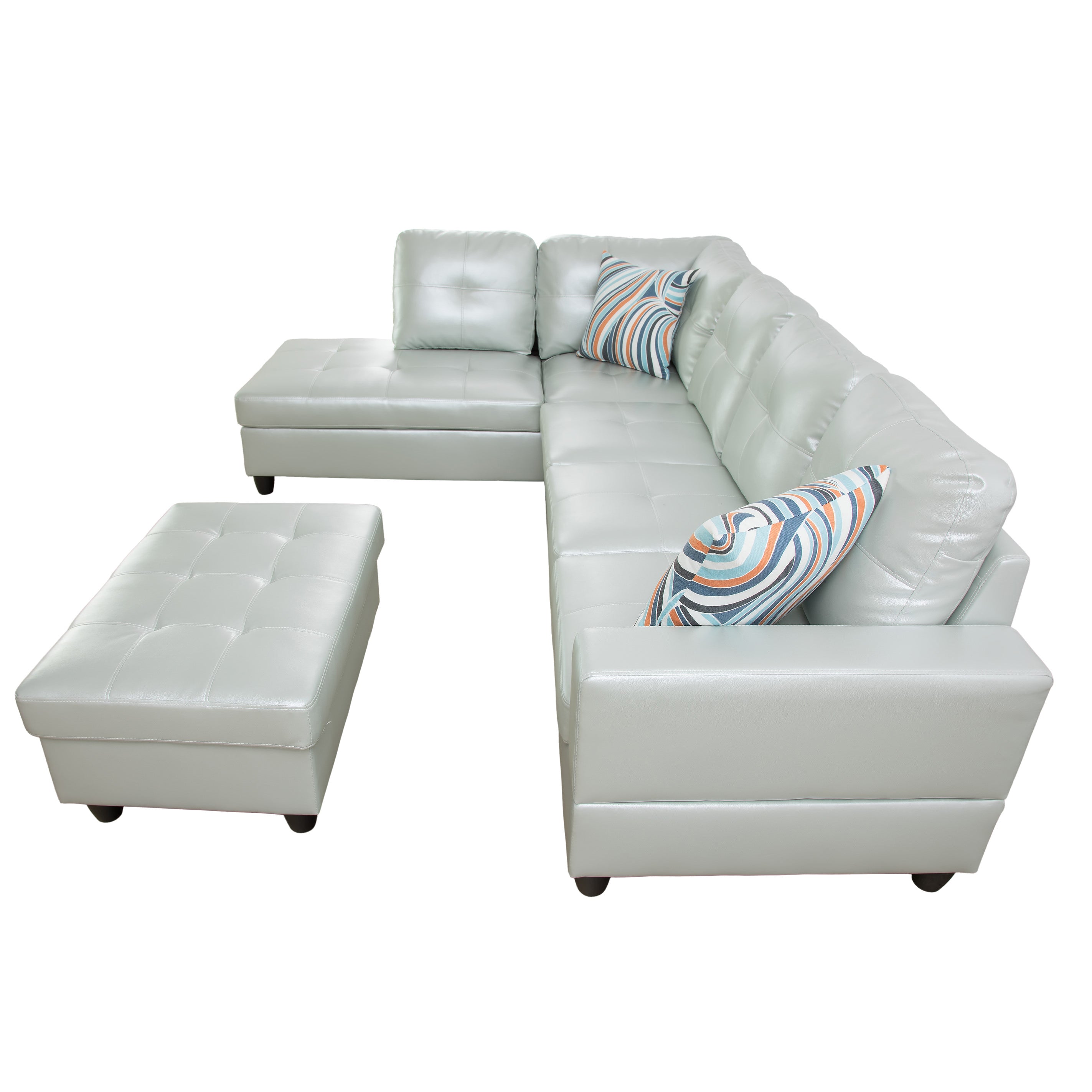 Ainehome Silver Green Semi PU Synthetic Leather L-Shaped Living Room Sofa Set