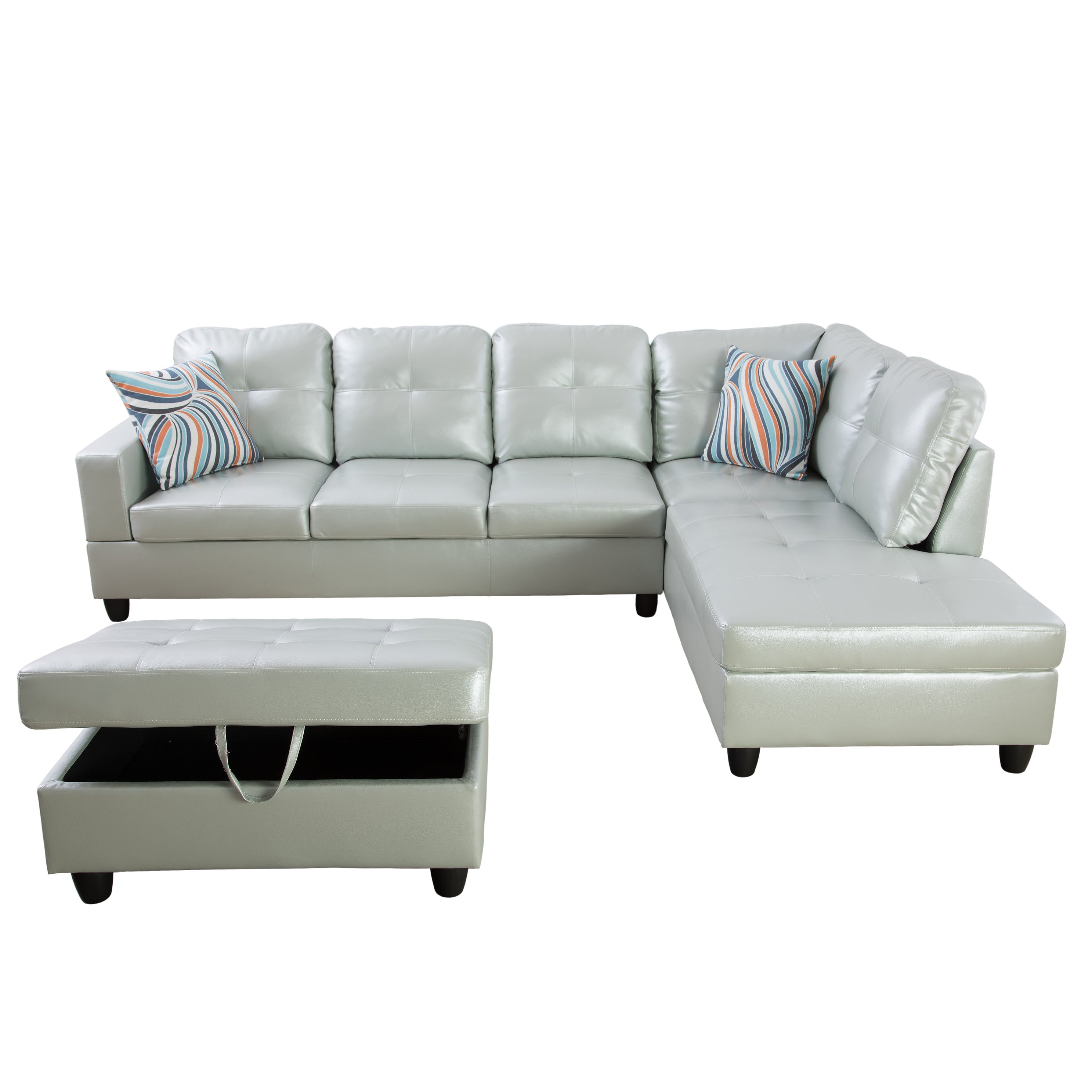 Ainehome Silver Green Semi PU Synthetic Leather L-Shaped Living Room Sofa Set