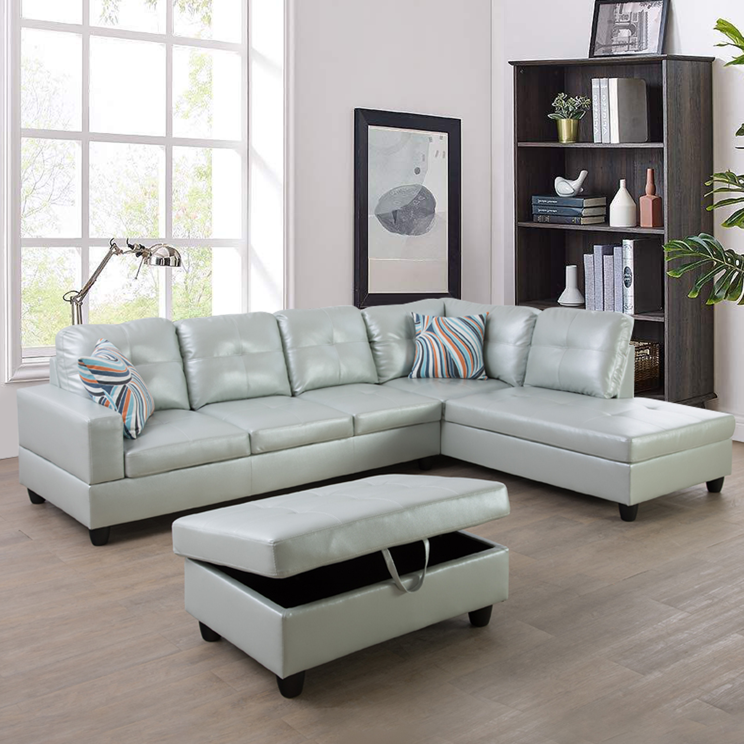 Ainehome Silver Green Semi PU Synthetic Leather L-Shaped Living Room Sofa Set