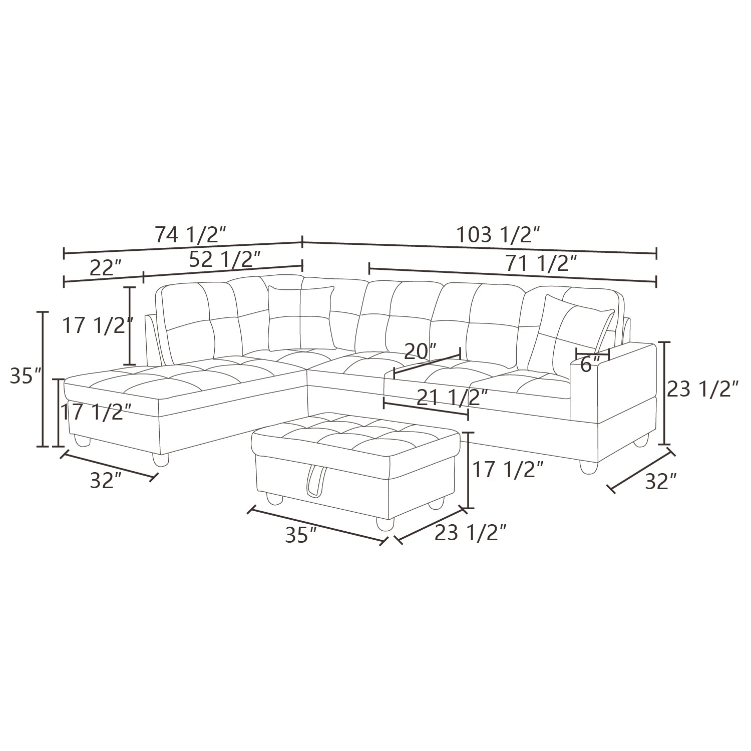 Ainehome Blue Synthetic Leather L-Shaped Living Room Sectional Sofa Set