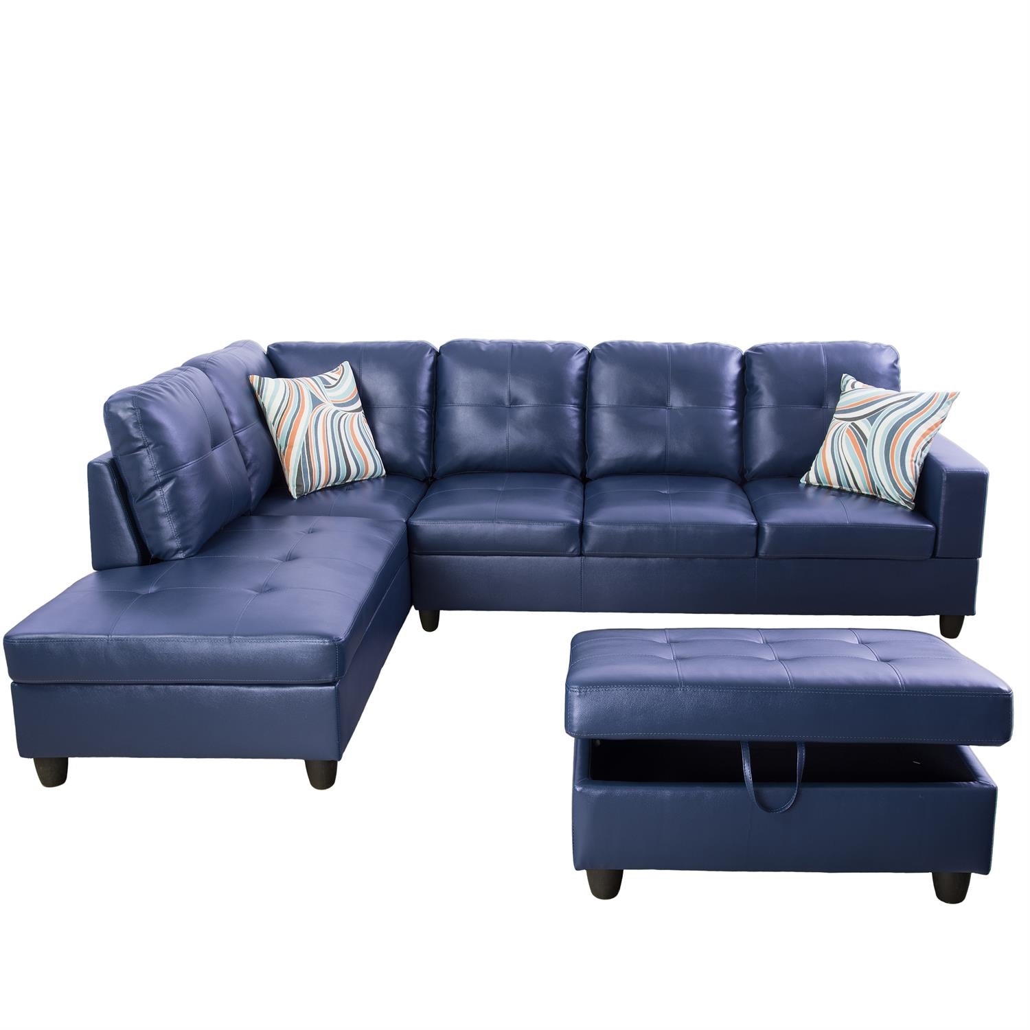 Ainehome Blue Synthetic Leather L-Shaped Living Room Sectional Sofa Set