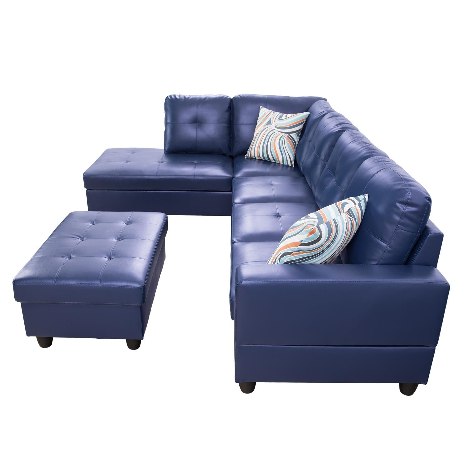 Ainehome Blue Synthetic Leather L-Shaped Living Room Sectional Sofa Set