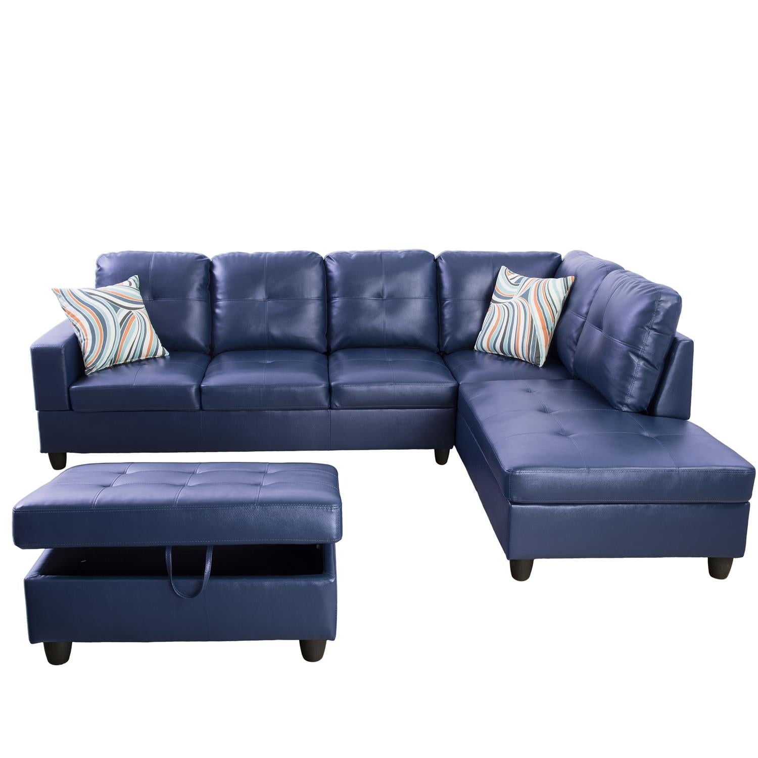 Ainehome Blue Synthetic Leather L-Shaped Living Room Sectional Sofa Set