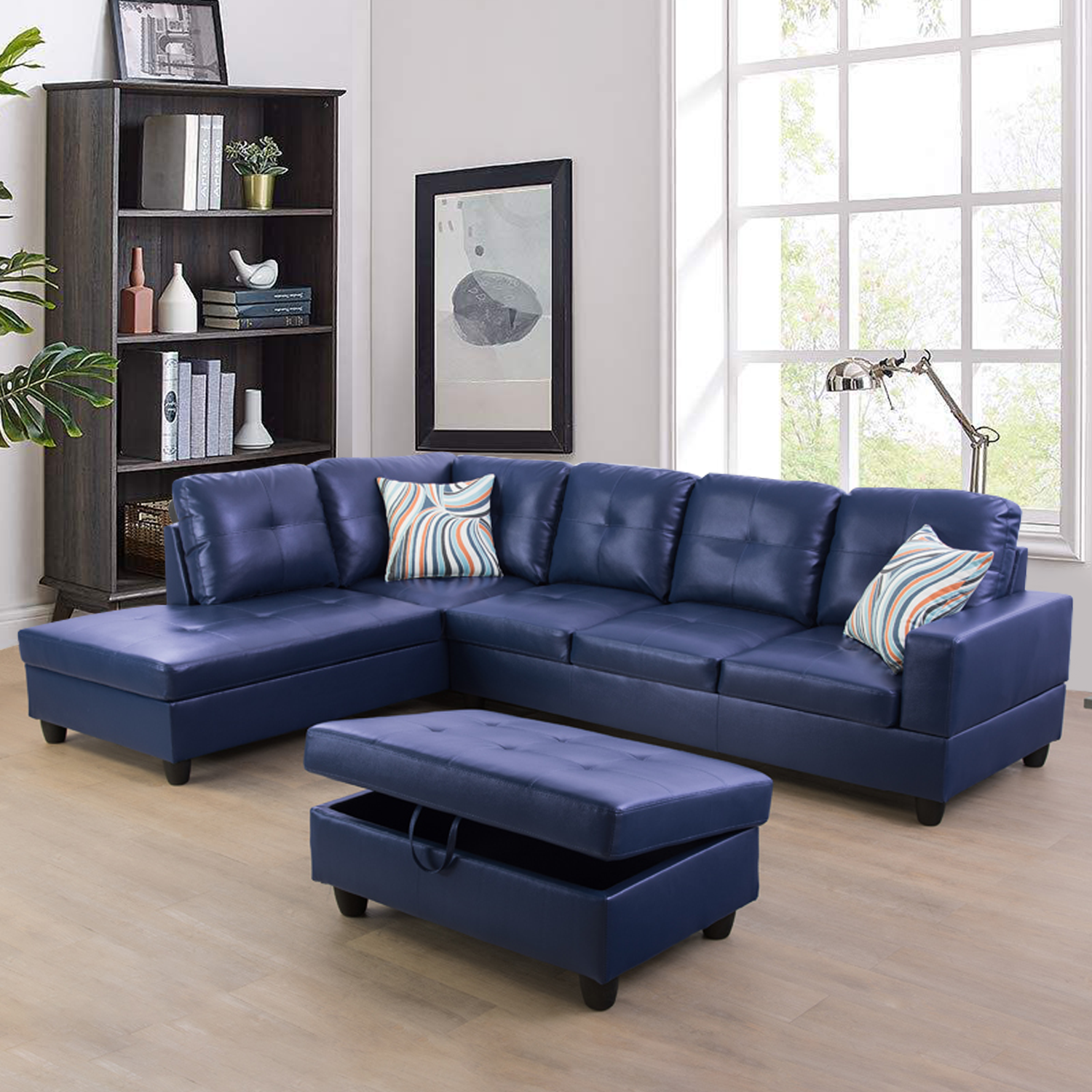 Ainehome Blue Synthetic Leather L-Shaped Living Room Sectional Sofa Set