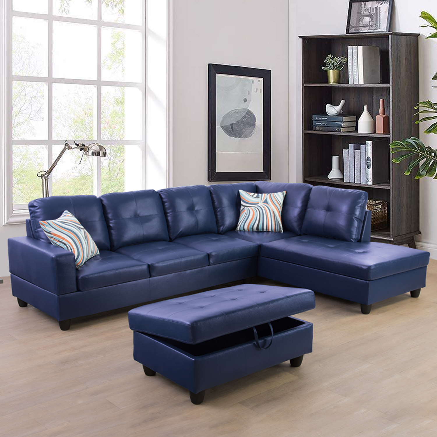 Ainehome Blue Synthetic Leather L-Shaped Living Room Sectional Sofa Set